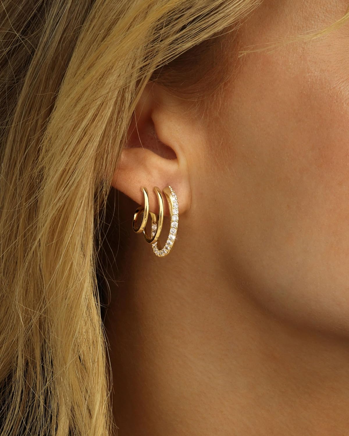 CHESKY 14k Gold Plated Triple Illusion Huggie Stud Earrings, Trendy Double Huggie Hoop Earrings for One Hole, Dainty Gold Claw Earrings for Women Cute Everyday Jewelry Gift - Image 2