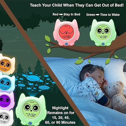Miniatura 3 de Sharp Entrenador de sueño listo para despertar búho, reloj para niños que cambia de color, listo para subir, luz nocturna de proyección de techo y