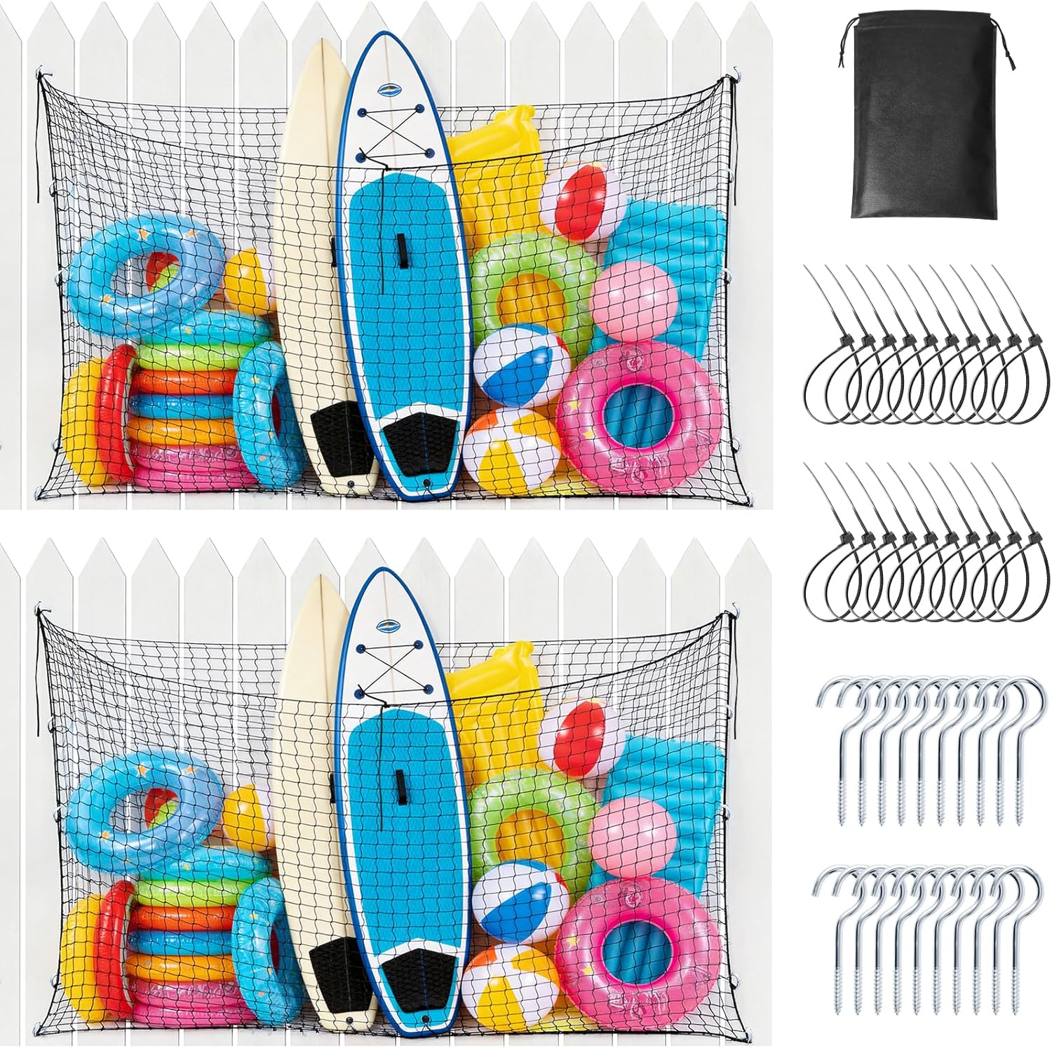 2 PCS Extra Large Pool Float Storage Bags,79×47 in Hanging Pool Toy Organizer with 20 Hooks & 20 Zip Ties,Mesh Pool Storage Net for Inflatable Floats, Rafts, Balls, Pool Accessories