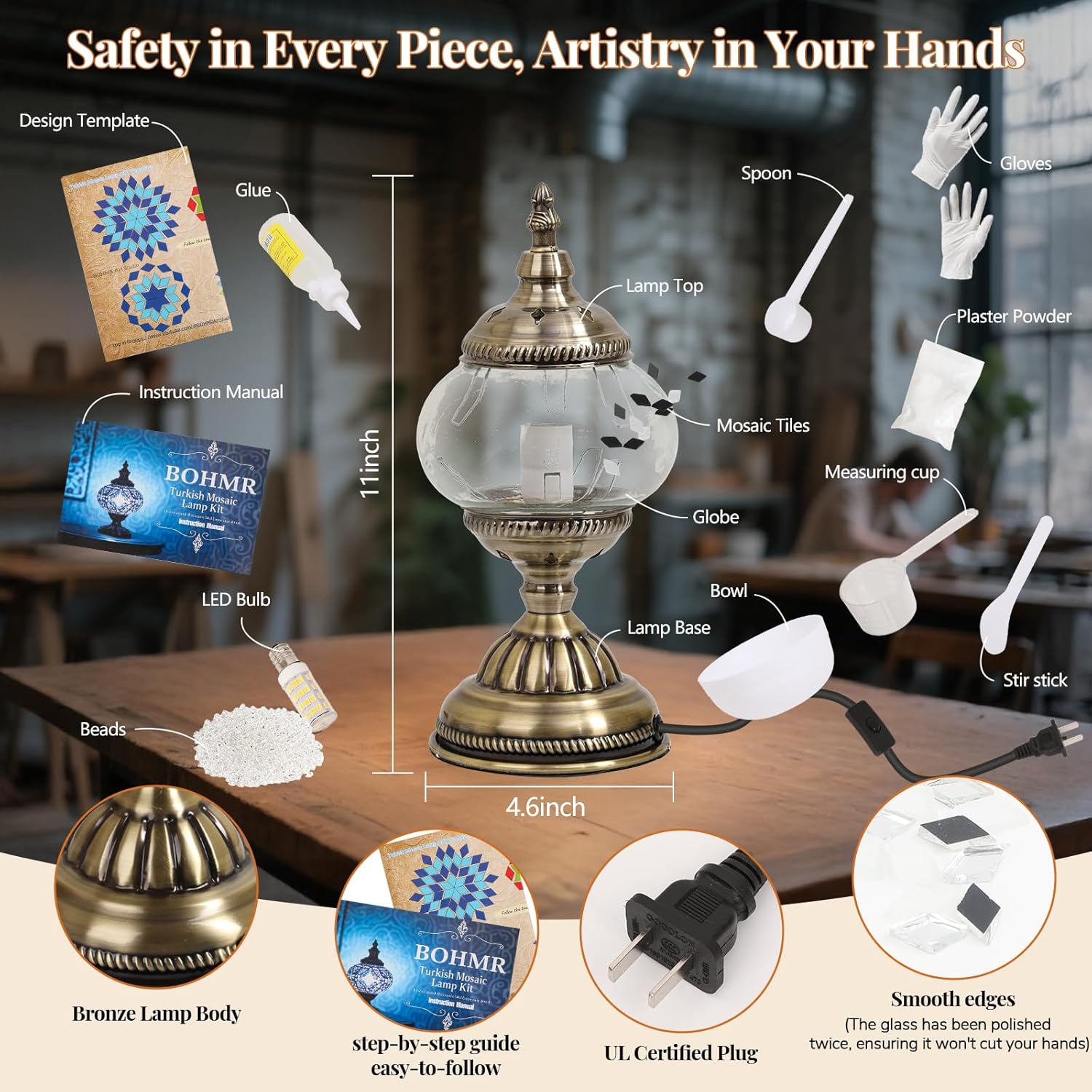 DIY Turkish Mosaic Lamp Kit, Stained Glass Table Lamp Making Kit- Easy and Fun, No Experience Needed, Mosaic Art & Craft Project Kits for Adults & Teens, Make Your Own Table Lamp,White