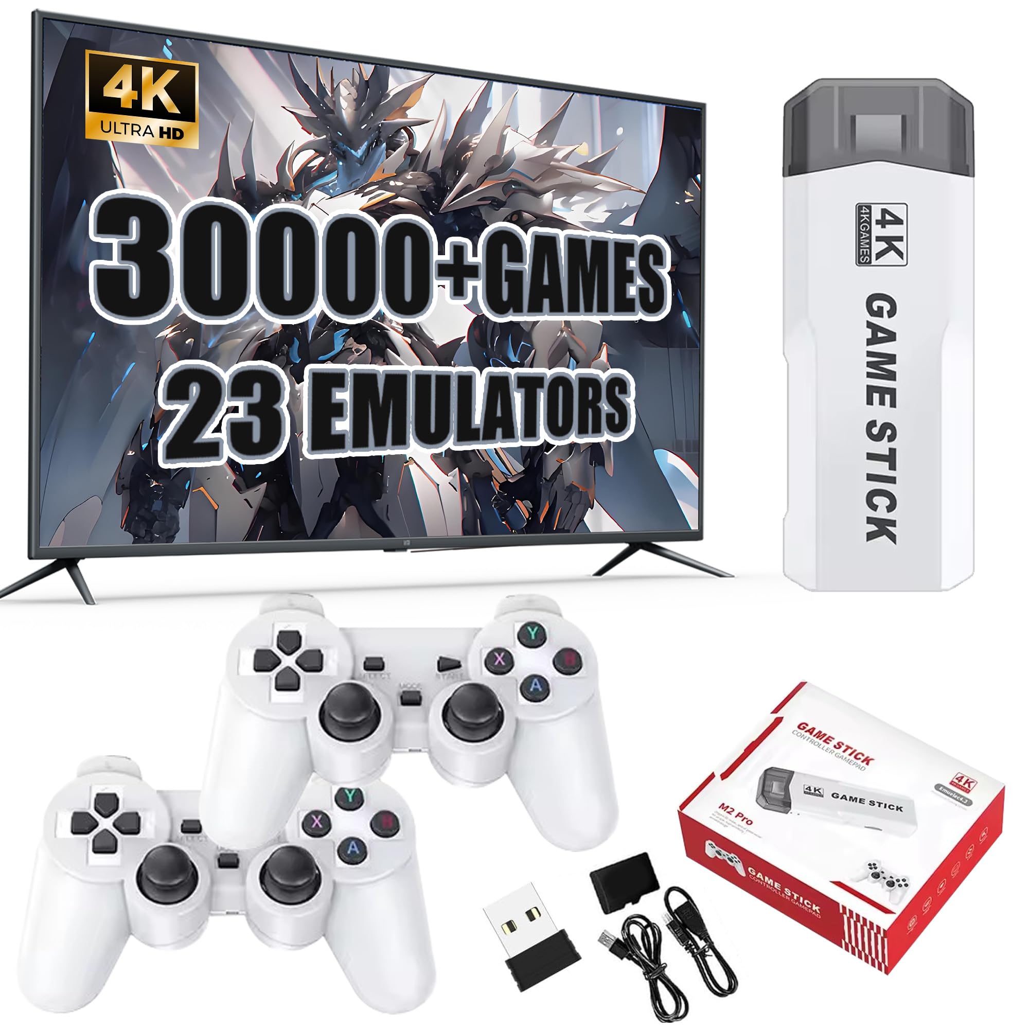 M2 Retro Game Stick Video Game Console Built-in 30000+ Games 23 Emulators,4K HDMI Output,with Dual 2.4G Wireless Controllers,Plug and Play,Arcade 3D