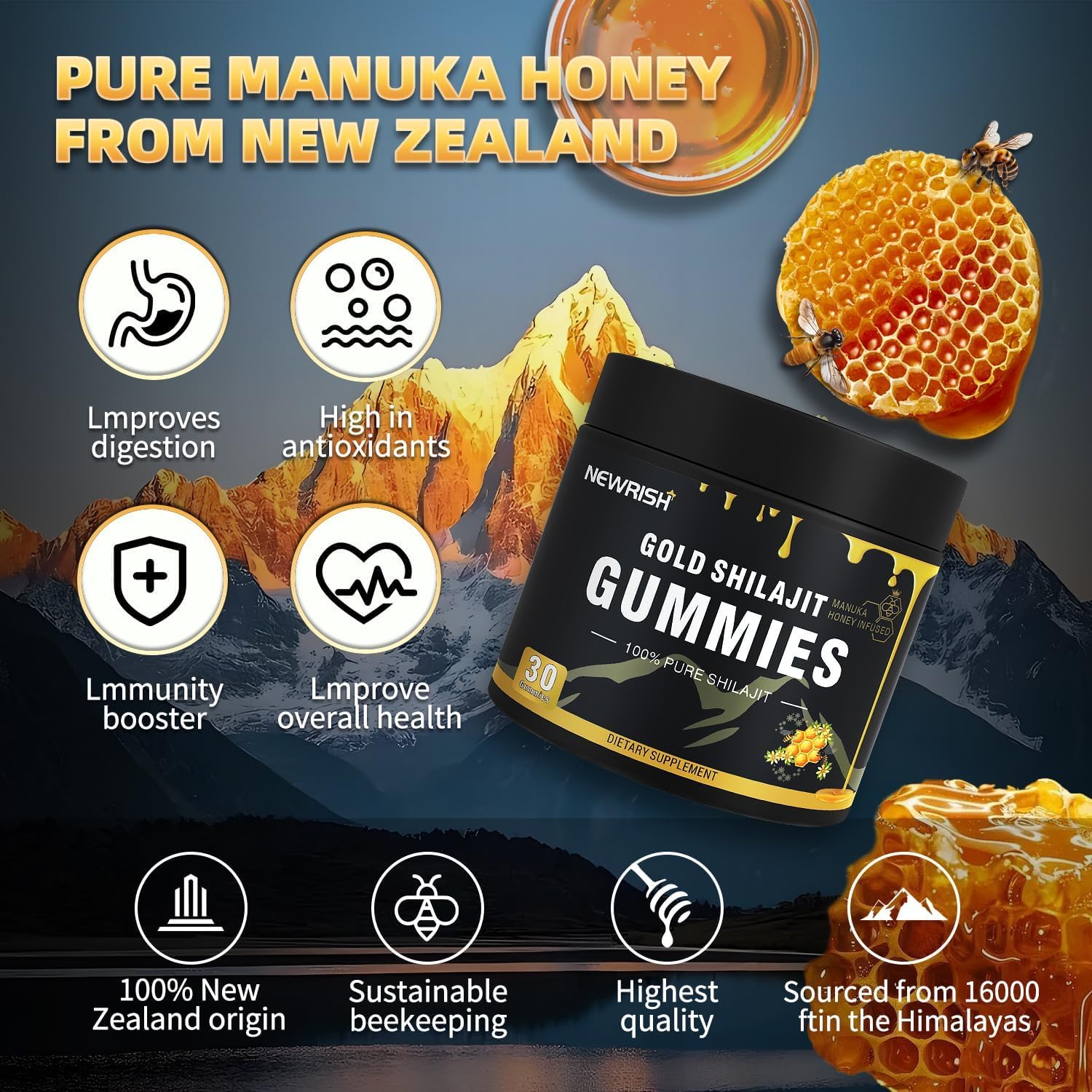 Shilajit Gummies Manuka Honey Lemon Flavor Himalayan shilajit No Added Sugar Ashwagandha, Gokshura| Fulvic Acid & 85+ Trace Minerals for Men, Women I Non-GMO 100% Natural & Organic I 30 Gummy