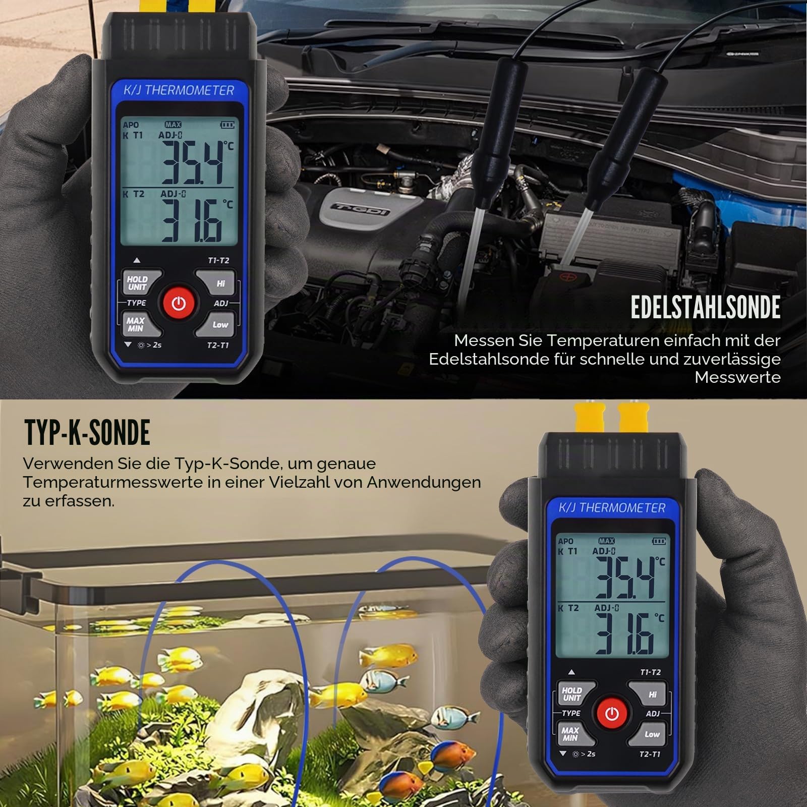 Dual-Channel K/J-Thermoelement-Thermometer mit 4 K-Type-Sensoren – Temperaturmessgerät mit Alarmfunktion & Kompensation (Max/Min/Hold) – Präzises Digitalthermometer für Industrie, Küche, Labor