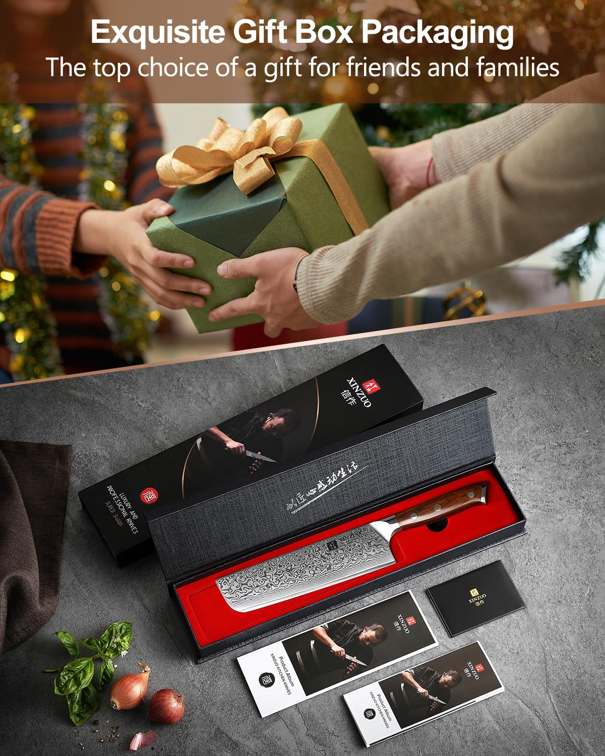 XINZUO 18.5cm Acier Damas Couteau Nakiri, Tranchants Couteaux de Cuisine Acier Damas 67 Couches Couteau de Chef, Convient pour la Viande, les Légumes et les Fruits -Poignée Bois de Rose