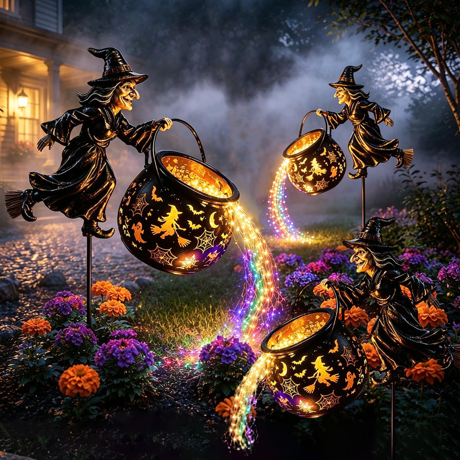 Hexenlampe Halloween Hexenkessel Gartenlicht Lichterkette Halloween Leuchtender mit Projektorleuchten und Pfahl, Antasievolles Design Gartendeko für Hof Rasen Veranda Party Deko，3PC