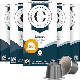 Cru Kafe Lungo Americano Strong USDA オーガニックエスプレッソコーヒーカプセル(50ポッド) フェアトレードコーヒーポッド ネスプレッソオリジナルラインとピクシーマシンに対応