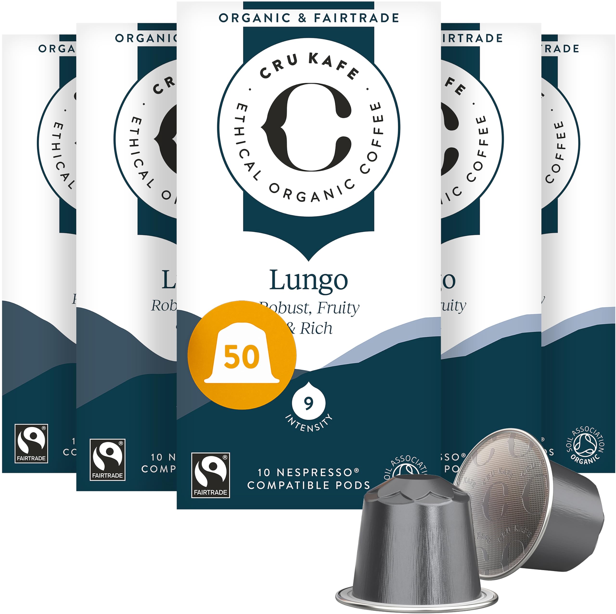 Cru Kafe Lungo Americano Strong USDA Organic Espresso Coffee Capsules (50 Pods) Fairtrade Coffee Pods Compatible with Nespresso Original Line and Pixie Machines