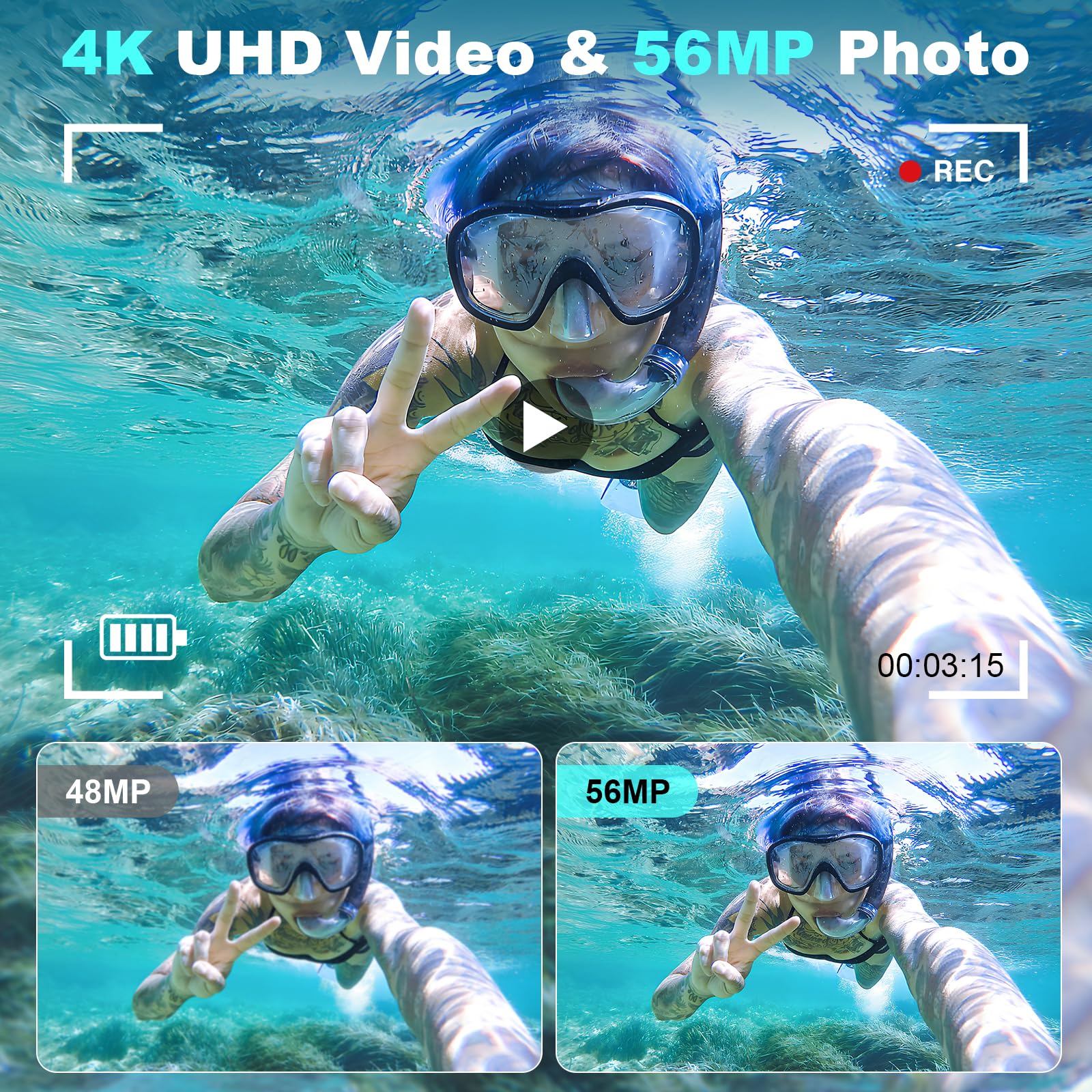 YISENCE Appareil Photo Etanche 56MP 4K Caméra sous-Marine Autofocus Zoom numérique 16x Double écran 2,8 Pouces Carte 32 Go