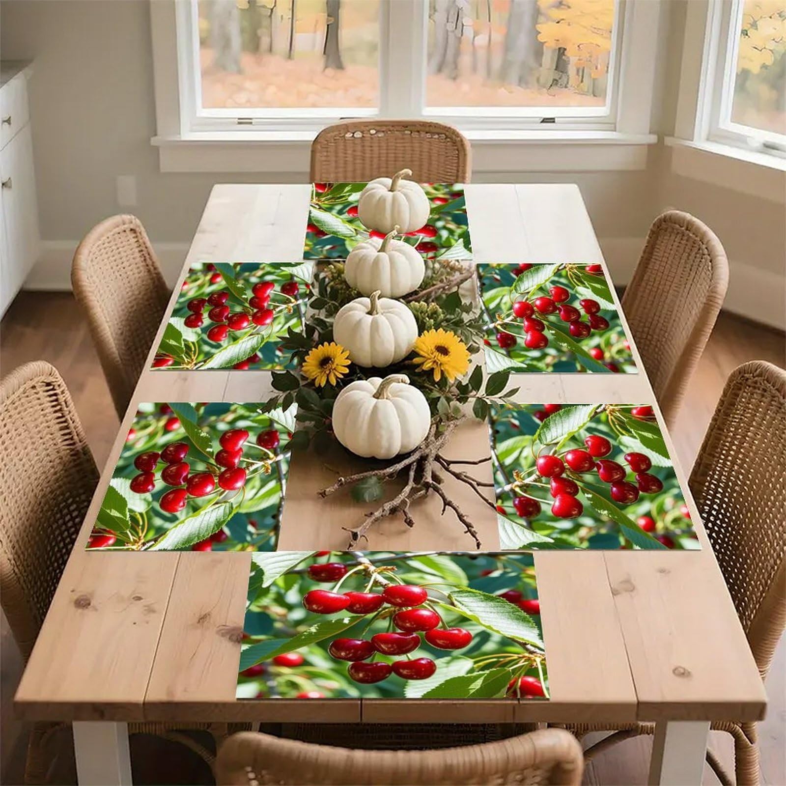 Cherry Placemats Flax Place Mats for Dining Table Rectangle Non-Slip Table Mats Heat Resistant Washable Placemat for Kitchen Home Decor Party Outdoor 12" X 18"