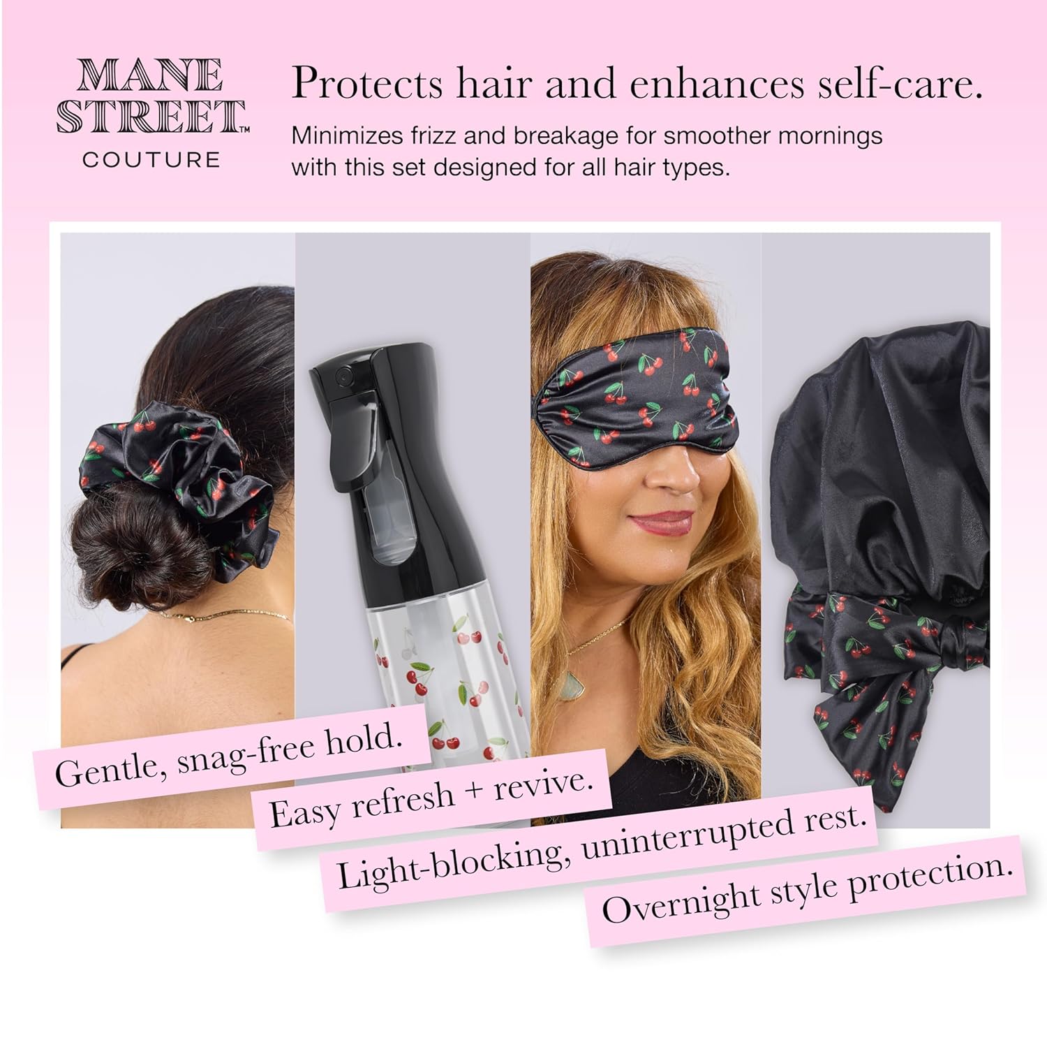 4-Piece Hair Accessory & Sleep Set by Mane Street Couture | Satin Bonnet, Sleep Mask, Large Scrunchie & Spray Bottle | Black Cherry