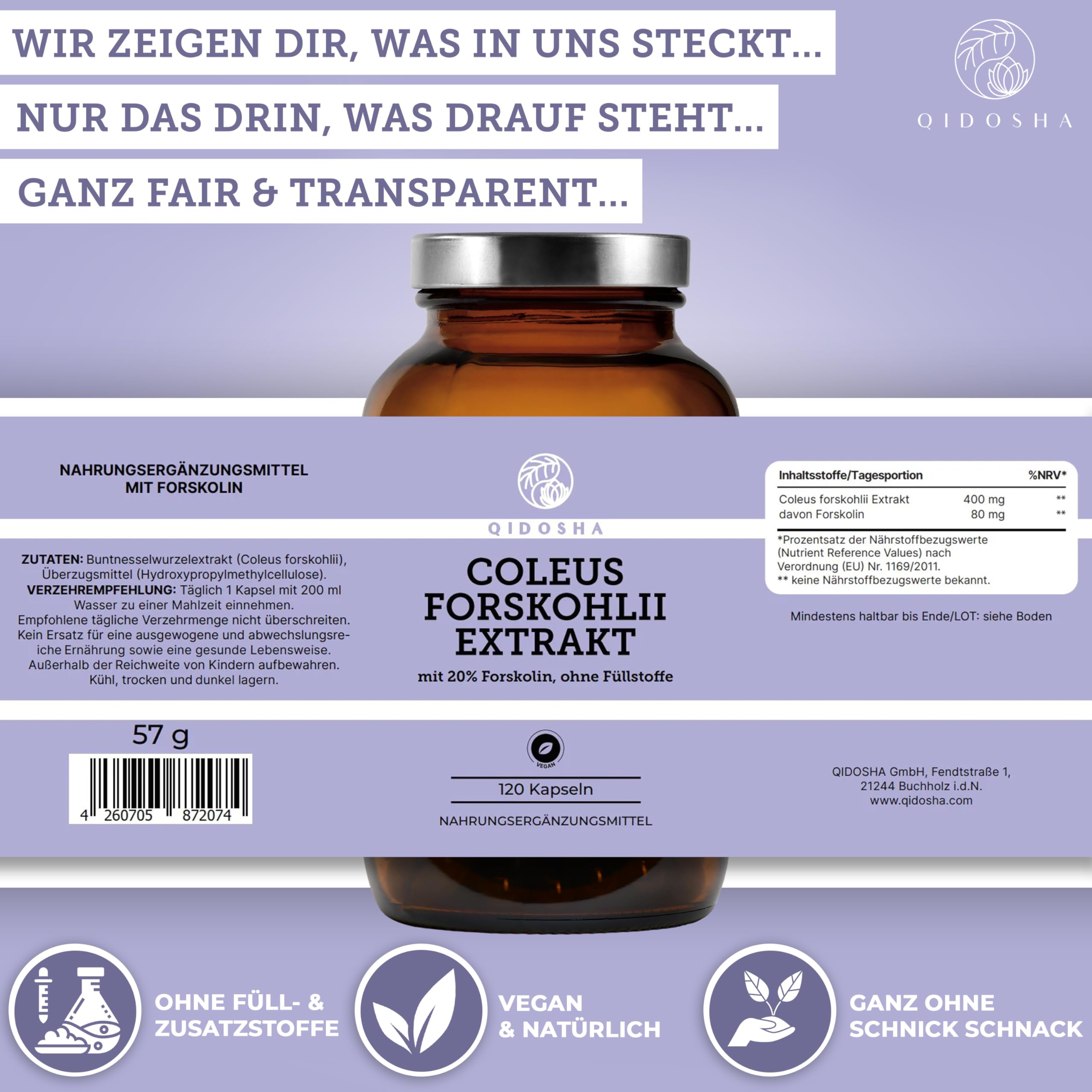 QIDOSHA® Coleus Forskohlii Extrakt, volle 20% Forskolin, 120 Kapseln im Apothekerglas, 400mg je Kapsel, deutsche Fertigung, Wirkstoffgehalt in externem Labor testiert