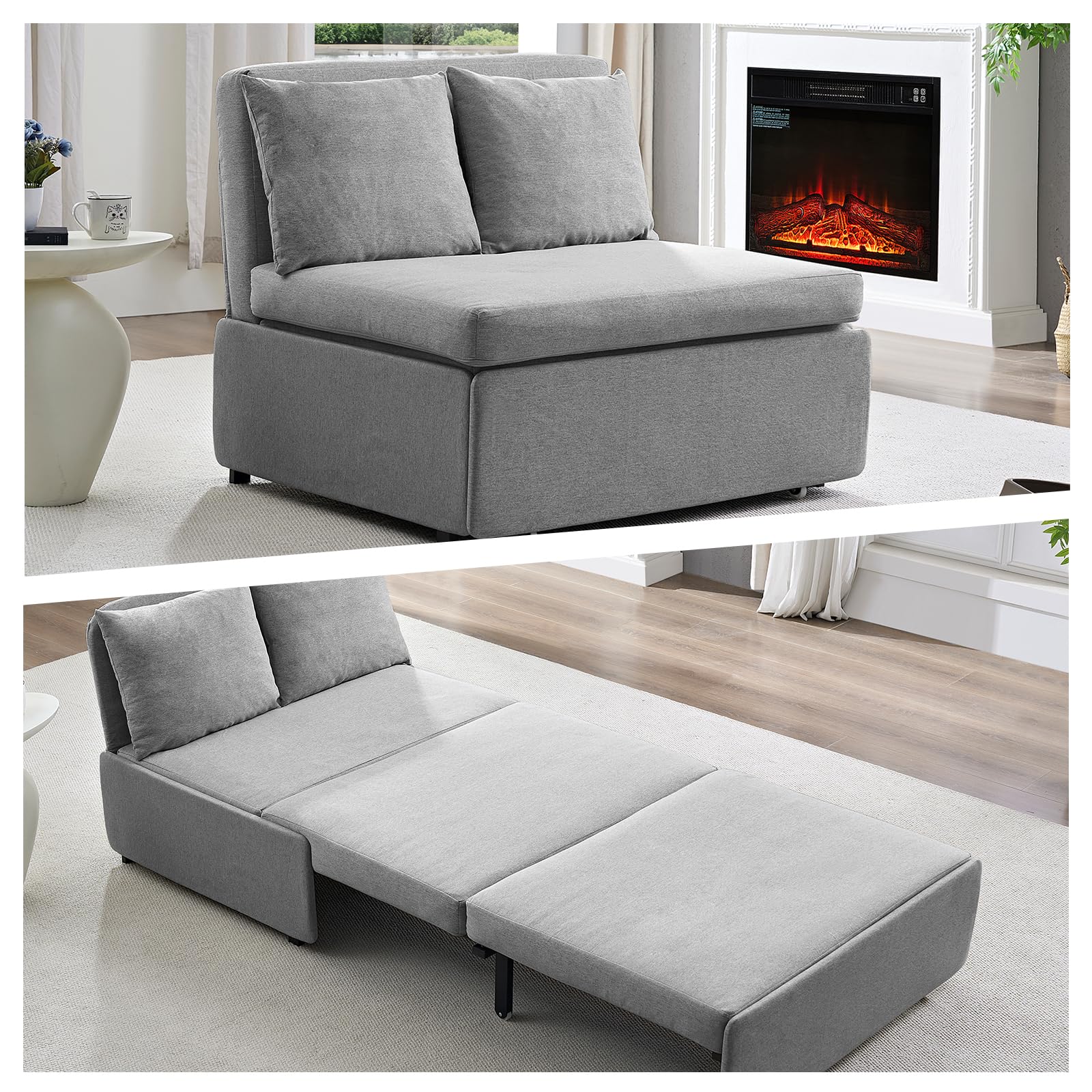 Mjkone 43“ W Twin Size Sofa Bed, 2 in 1 Convertible Linen Loveseat Sleeper Sofa Couch with Cushions, Pull Out Sofa Sleeper Couch Bed Living Room Furniture Set for Small Place, Apartment - Light Gray