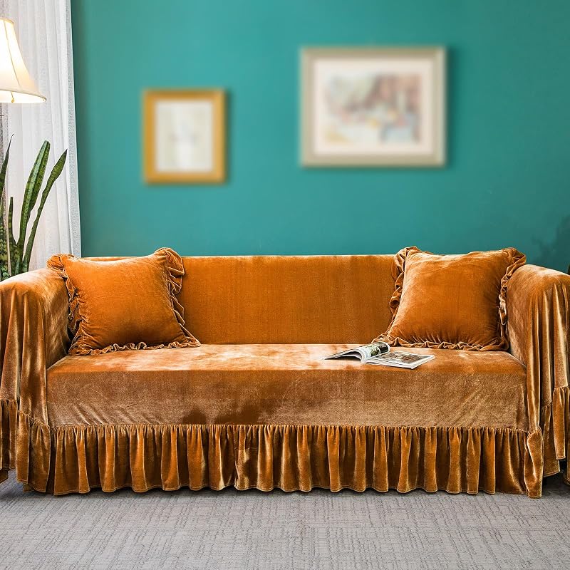 Velvet Sofa Cover Soft Decorative Luxurious Solid Exquisite Ruffle Trim,Retro Farmhouse Vintage Sofa Slipcover Couch Furniture Protector for 2-3 Cushion Sofa for Living Room 1PC 71x134IN Golden Camel