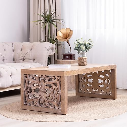 Miniatura 9 de SSLine Mesa de centro rectangular de madera antigua de 45.2 pulgadas para sala de estar, mesas auxiliares de almacenamiento de 2 niveles con patas