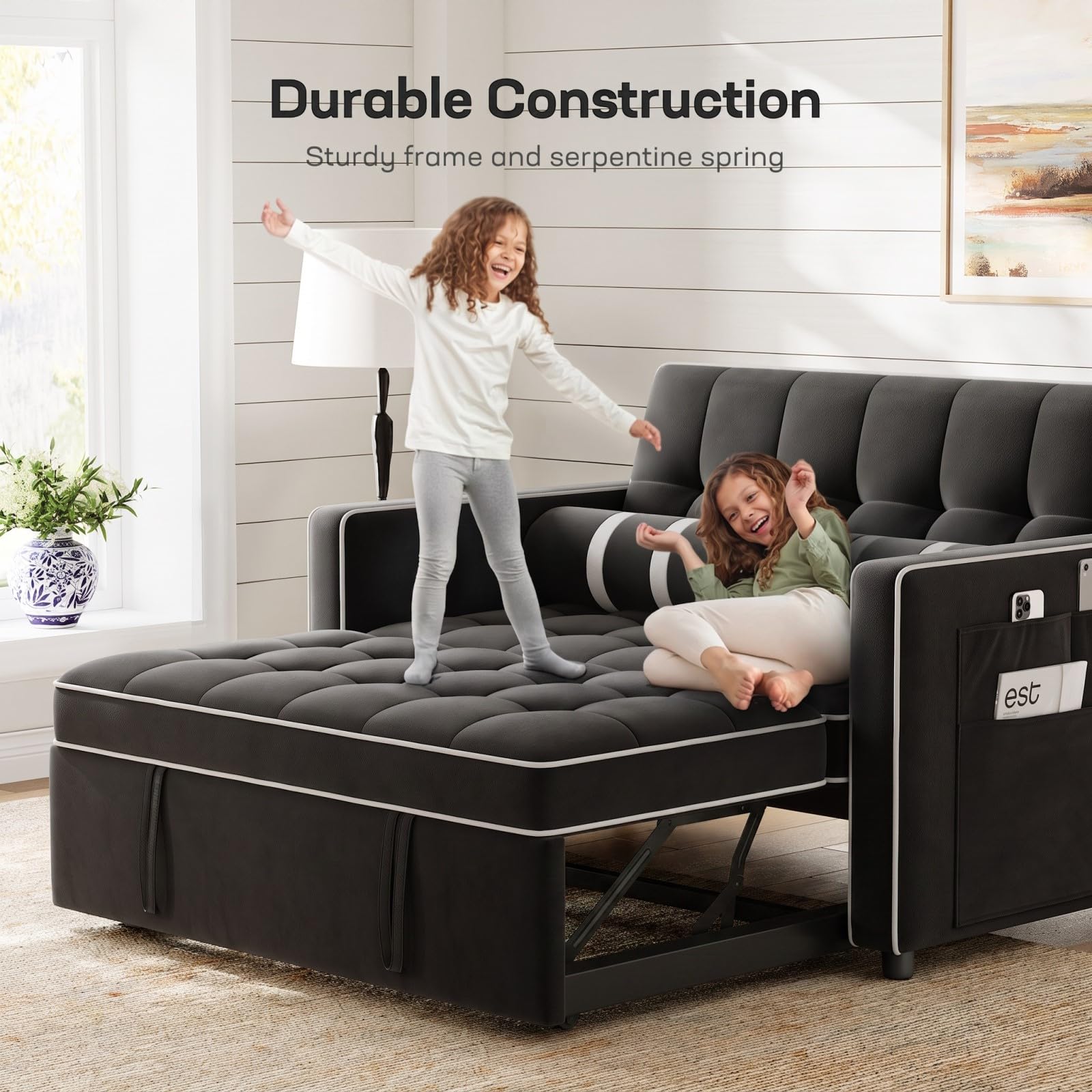 Marsail 3-in-1 Convertible Futon Sleeper Sofa Bed, Pull Out Couch with Adjustable Backrest, USB Charging & Side Pockets, Velvet Fabric Sofa for Living Room, Apartment, Loveseat, Black