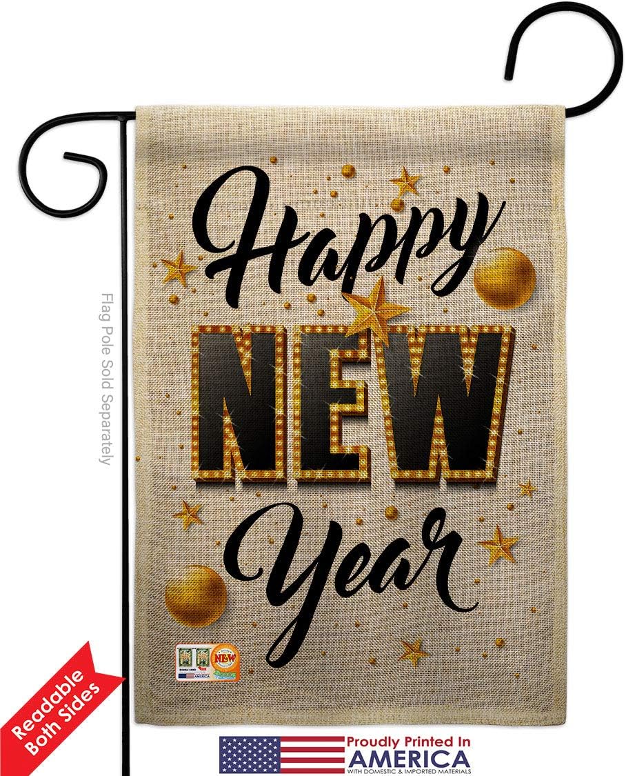 Happy New Year Burlap Burlap Garden Flag Set Wall Hanger Clock Countdown Champagne Party Fireworks Celebrate Small Decorative Gift Yard House Banner Double-Sided Made In USA 13 X 18.5