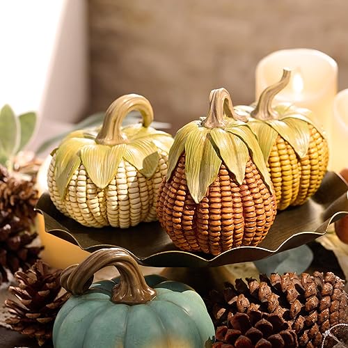 Miniatura 8 de Valery Madelyn Decoraciones de otoño para el hogar, decoración de calabaza de otoño, juego de 3 calabazas decorativas de maíz artificial de resina