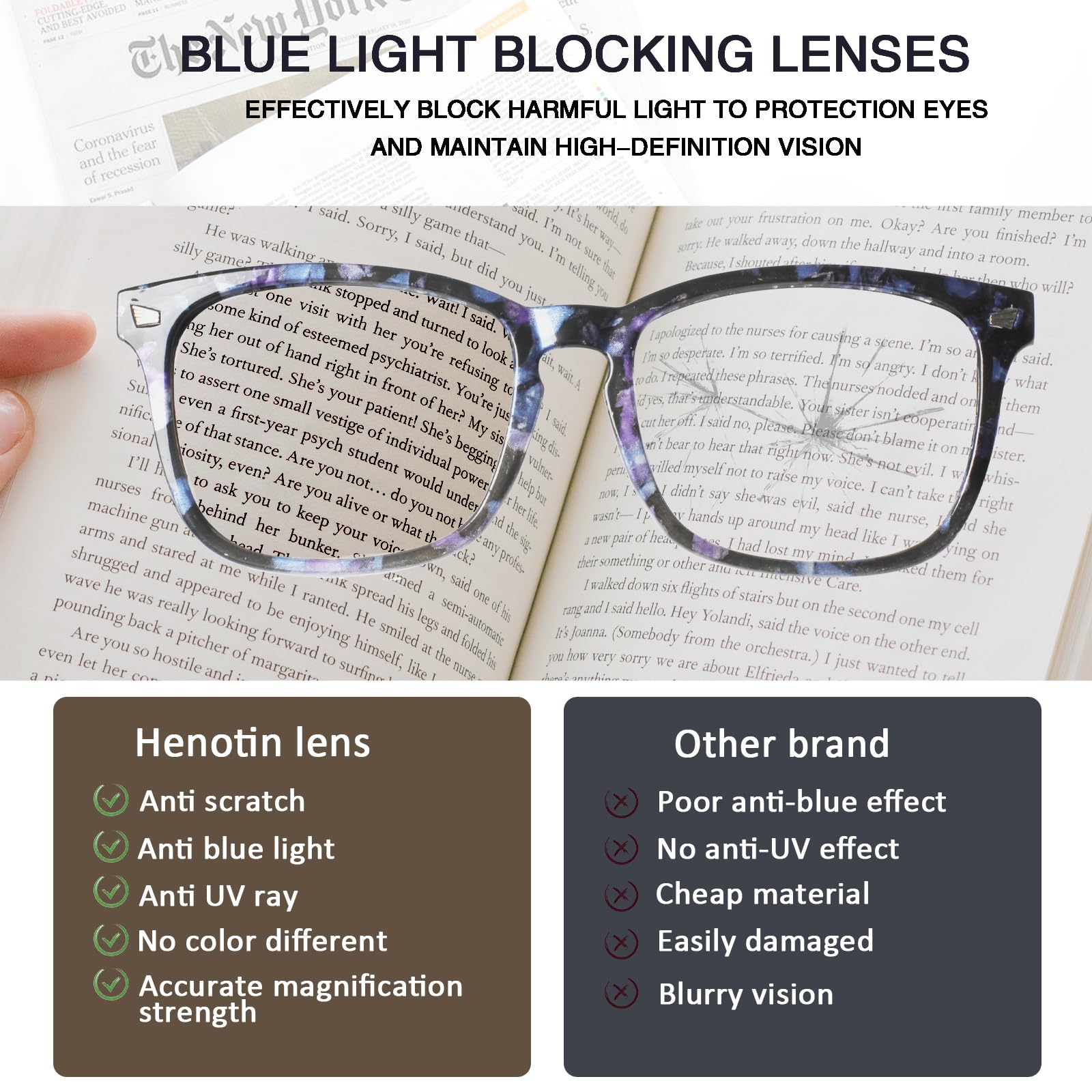 Henotin Blaulichtblockierende Lesebrille für Damen und Herren, Federscharnier, Computerleser, Anti-UV-Strahlen, quadratisch, Nerd-Brillen, 4 Stück
