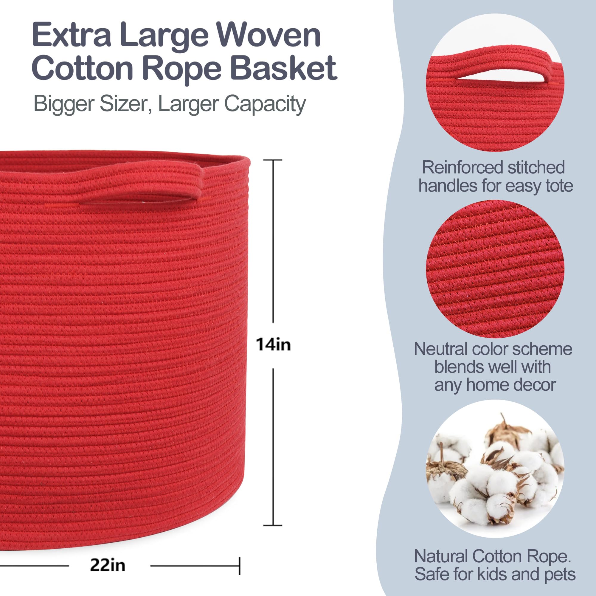 MEGASKET extra großer roter Aufbewahrungskorb 55,9 x 55,9 x 35,6 cm aus Baumwollseil – ideal für Decken, Wäsche, Spielzeug oder Haustierbedarf. Stilvoller Organizer für Wohnzimmer oder Kinderzimmer
