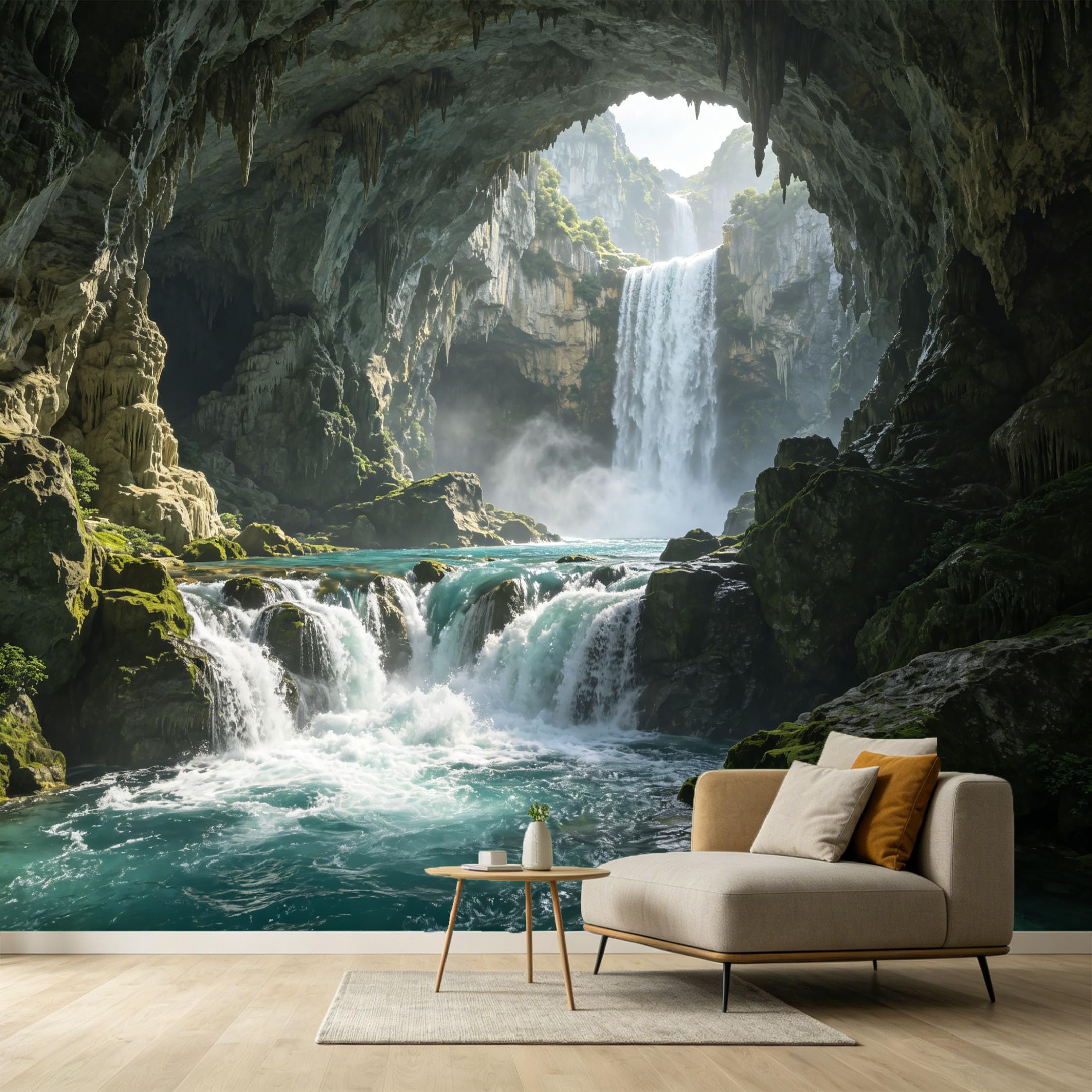 Custom Size Wall Murals Waterfall Cave Landscape 3D Trompe L'Oeil Rock Cliff Blue Stream SelfAdhesive Wall Fabric Removable Large Wallpaper for Photo Living Room