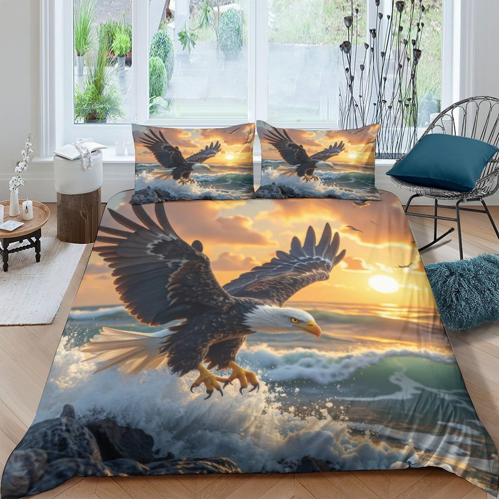 Ctjqhvkz Style-8 3D Printed Eagle Sunset Fitted Sheet Microfiber Soft Decorative Ocean Mattress Cover For Bedroom Guest Room Single（135X200cm）