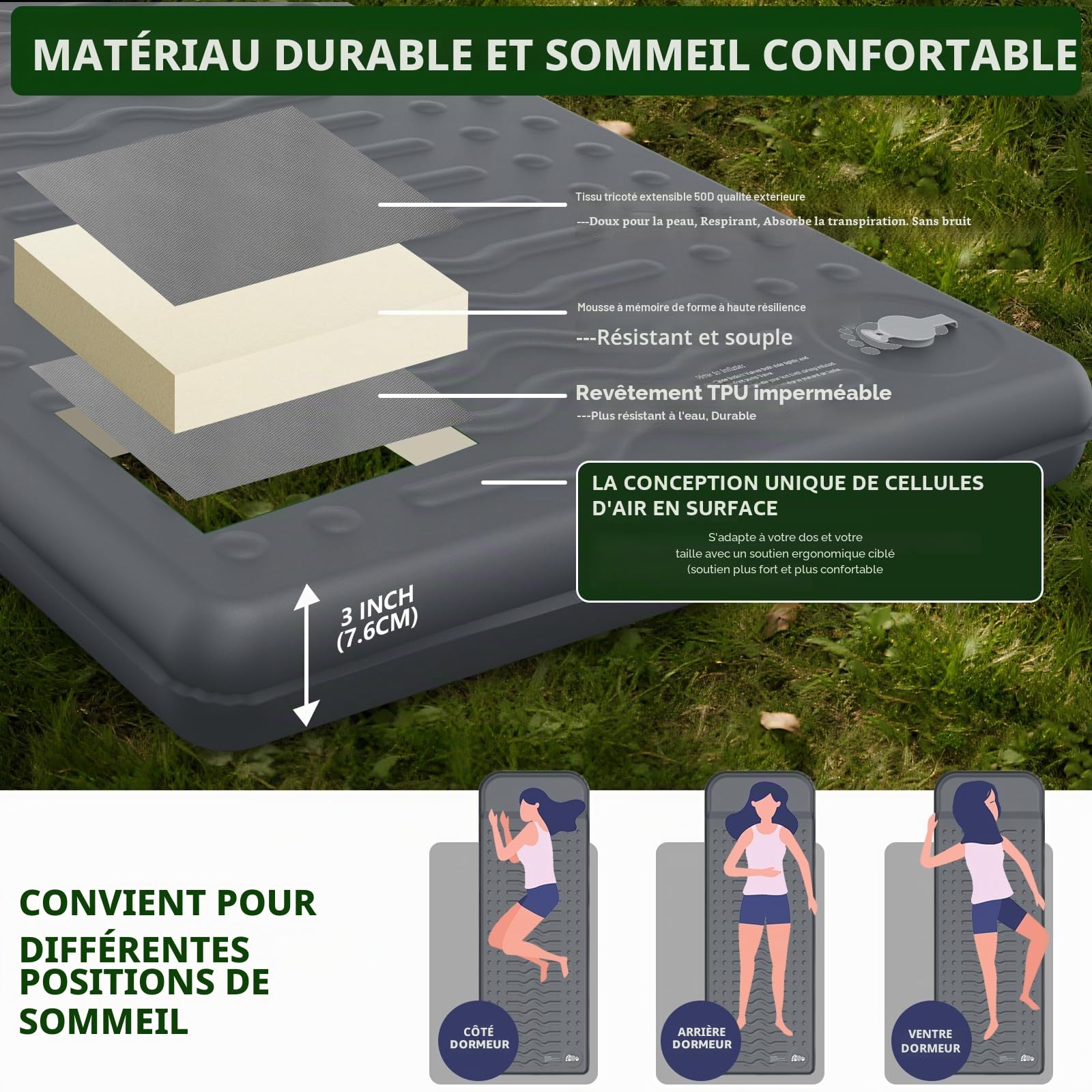 HiiPeak Matelas Camping Autogonflant – Matelas en Mousse avec Oreiller, Matelas Gonflable Isolé R-Value 9,5, Tapis de Couchage Confort pour Camping, Randonnée, Trekking, Tente