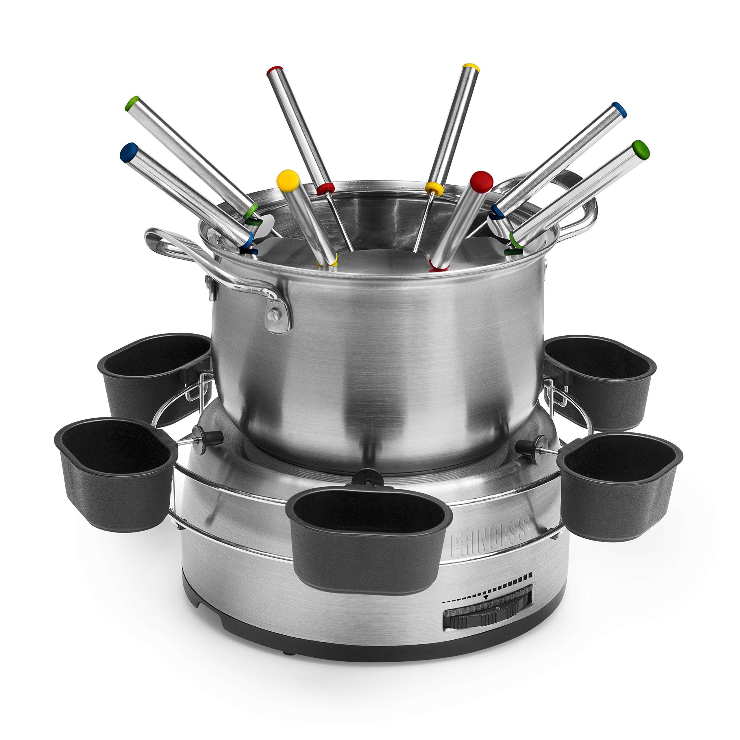 Princess Family Fondue-Set - 800 W, 1,2 Liter Fassungsvermögen, Thermostat, Edelstahl, doppelter Boden, 8 Fonduegabeln, 6 Dipschalen, Silber, 172680 01.172680.01.001, edelstahl, silber