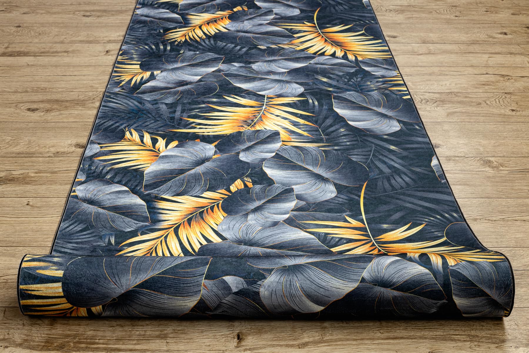 rugsx Tapis Antidérapant Lotus Ferns 45270 Feuilles Gris/Or - Lavable - 60x350 cm - Tapis de Couloir Antiglisse pour Cuisine et Entrée