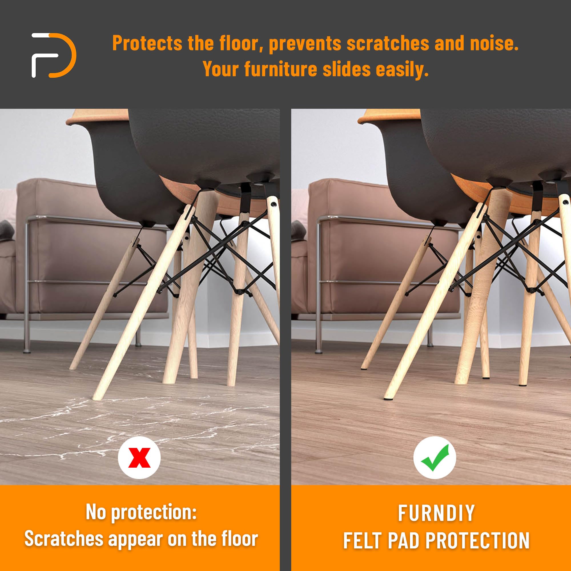 Furndiy - Almohadillas de fieltro para muebles de madera dura, almohadilla de fieltro autoadhesiva para sillas y patas de asiento, fácil deslizamiento, antiarañazos, tapón de ruido, parachoques y