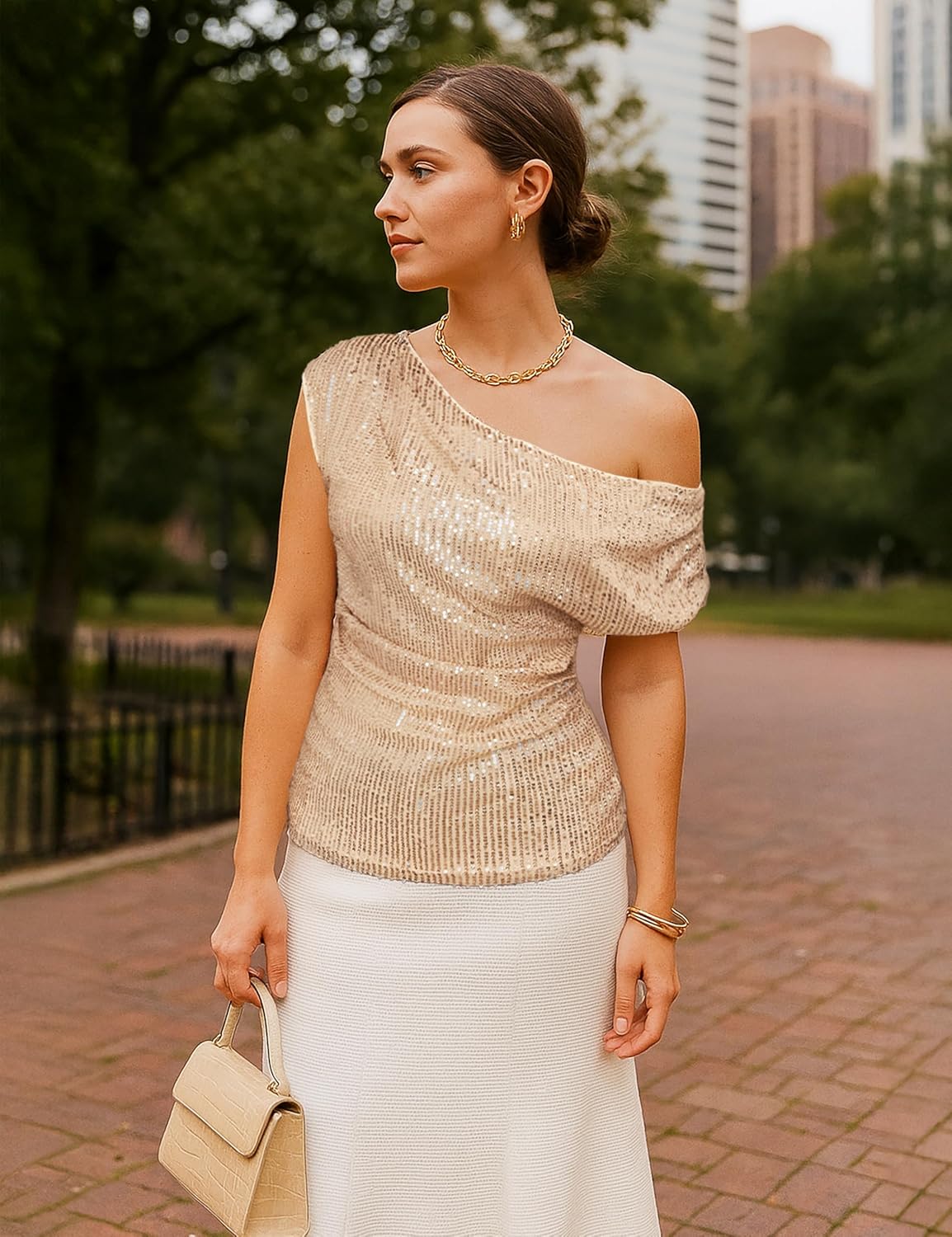 FOLUNSI Women's Off Shoulder Sequin Top Sparkly Glitter Shirts Asymmetrical Ruched Blouses Party Cocktail Tops S-XL - Image 5