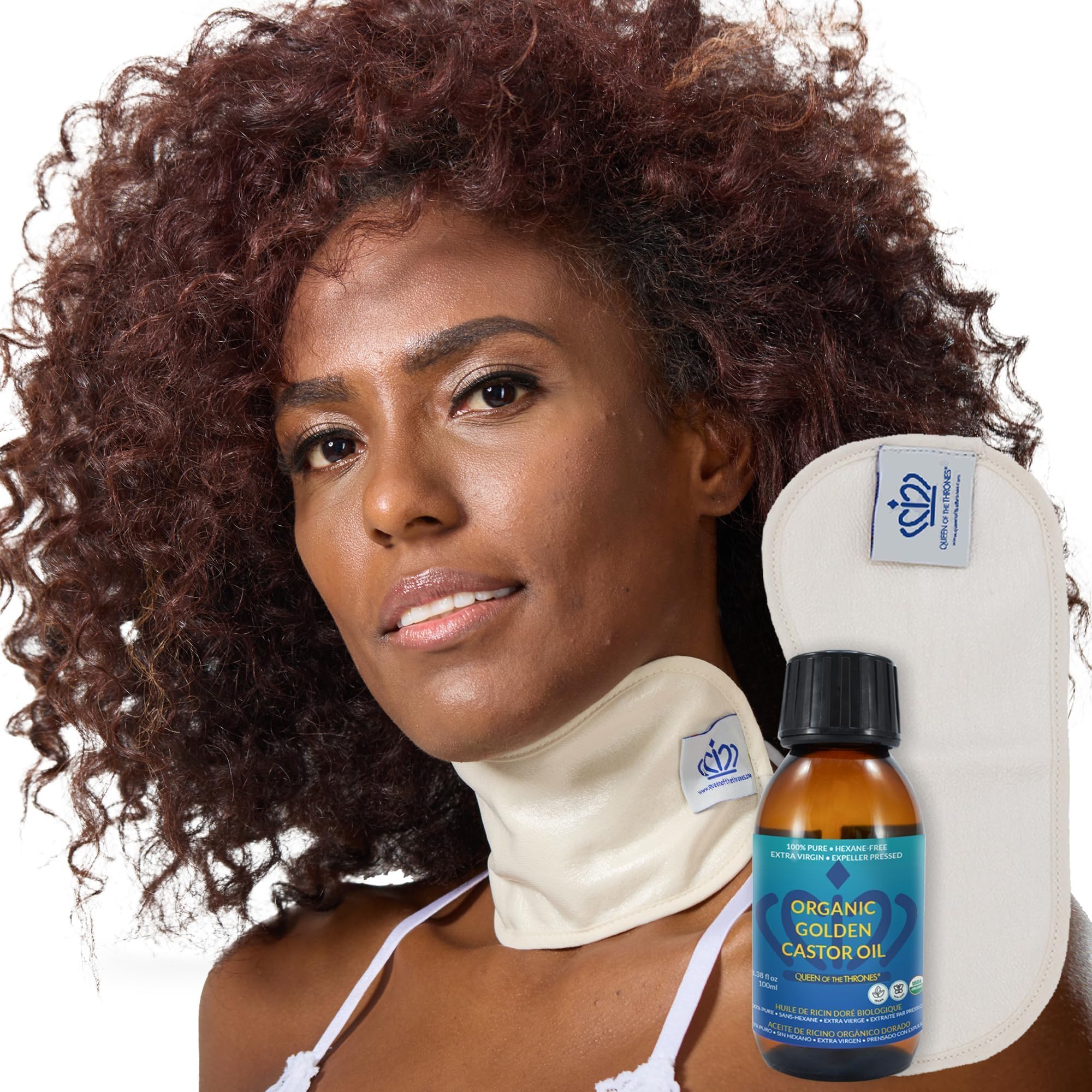 QUEEN OF THE THRONES Castor Oil Pack for Neck Less Mess, Reusable, Organic Cotton Flannel, Naturopathic Doctor Designed (Castor Oil Included)