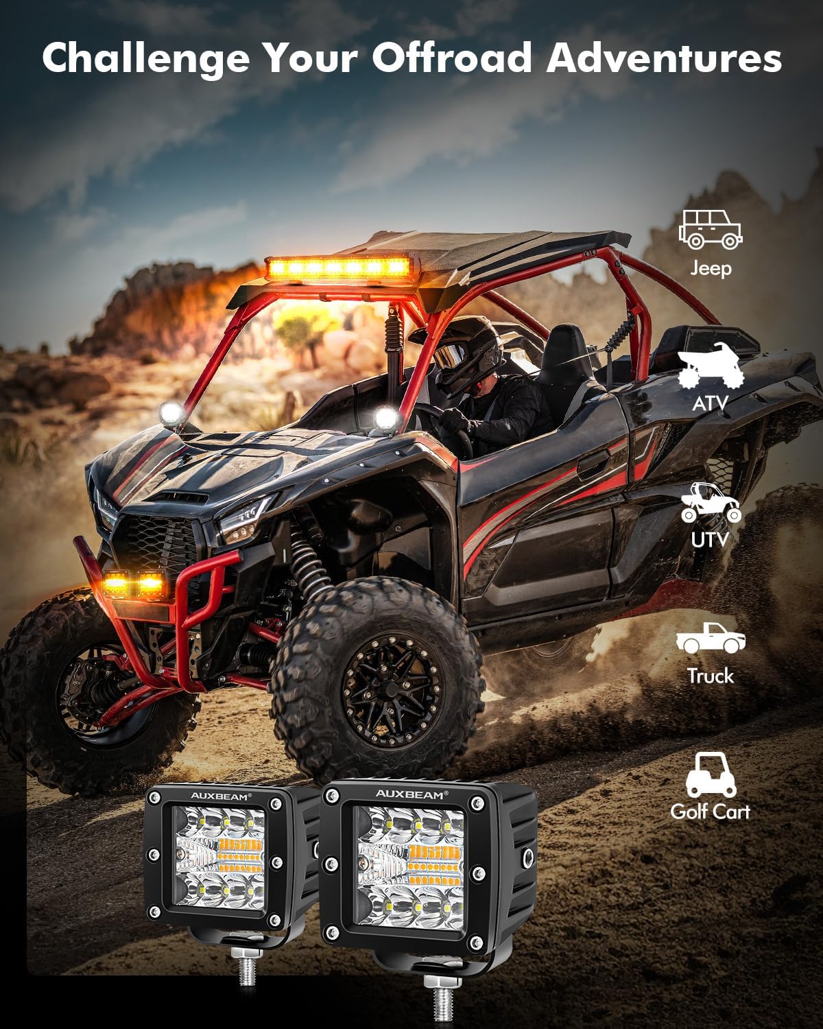 Auxbeam 6 Modes Amber White Series LED Cubes, 3Inch 72W LED Pods Dual Color Off-Road Strobe Lights, Spot Flood Combo Driving Offroad Ditch Lights Flashing Warning Functional, Pair