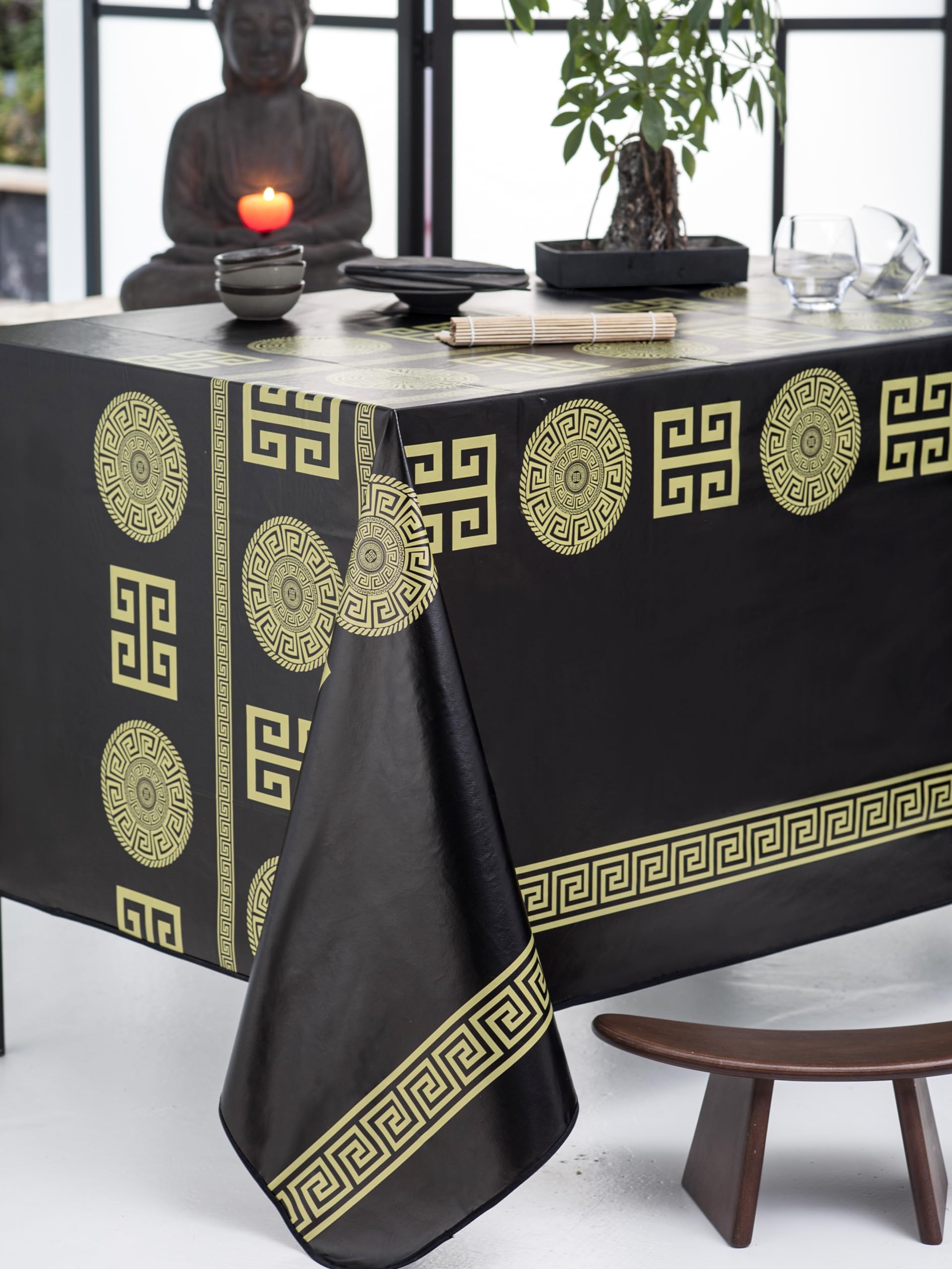 CALITEX Licy Oilcloth Black Bias Finish Round 140 cm