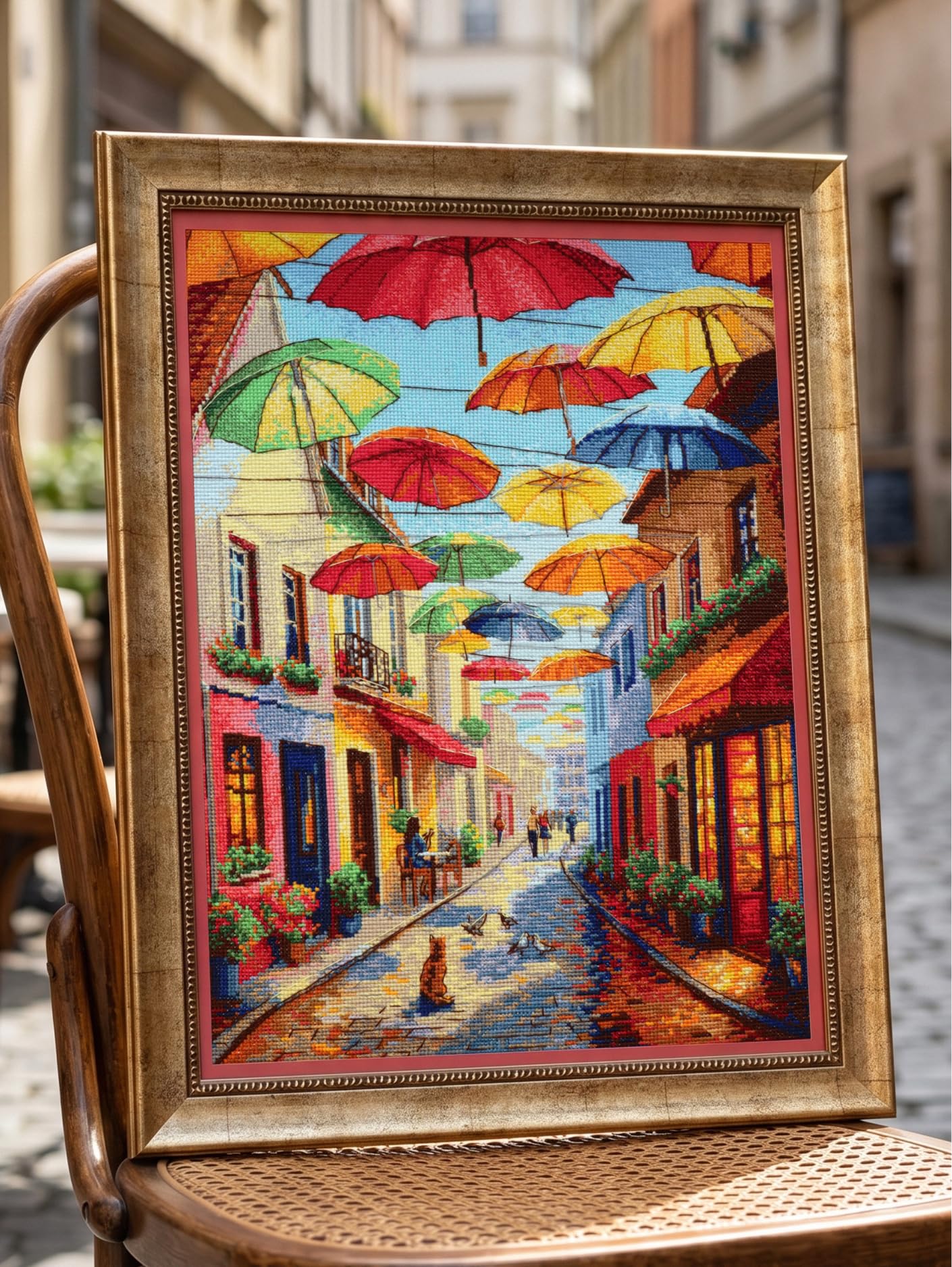 RIOLIS Colorful Umbrellas 2335 - Kit de punto de cruz contado, diseño colorido de escena callejera, kit de bordado de 11.75 x 15.75 pulgadas para adultos, kit de manualidades de costura para