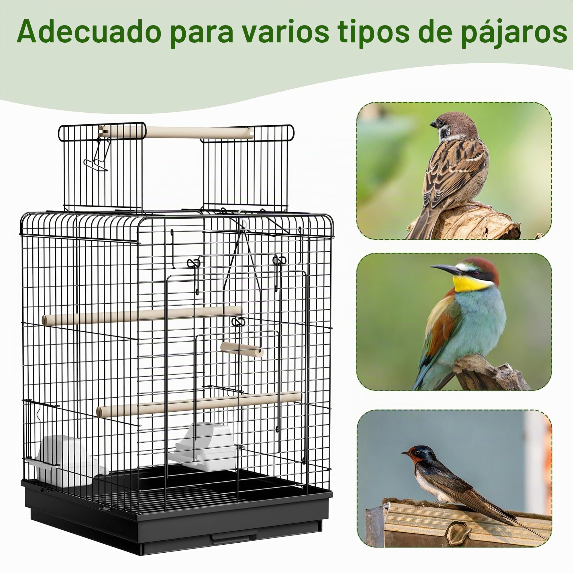 Froadp Pajarera con techo abierto, jaula de metal con barras de madera y comederos, jaula para pájaros, jaula para loros, palomas, periquitos, pinzones