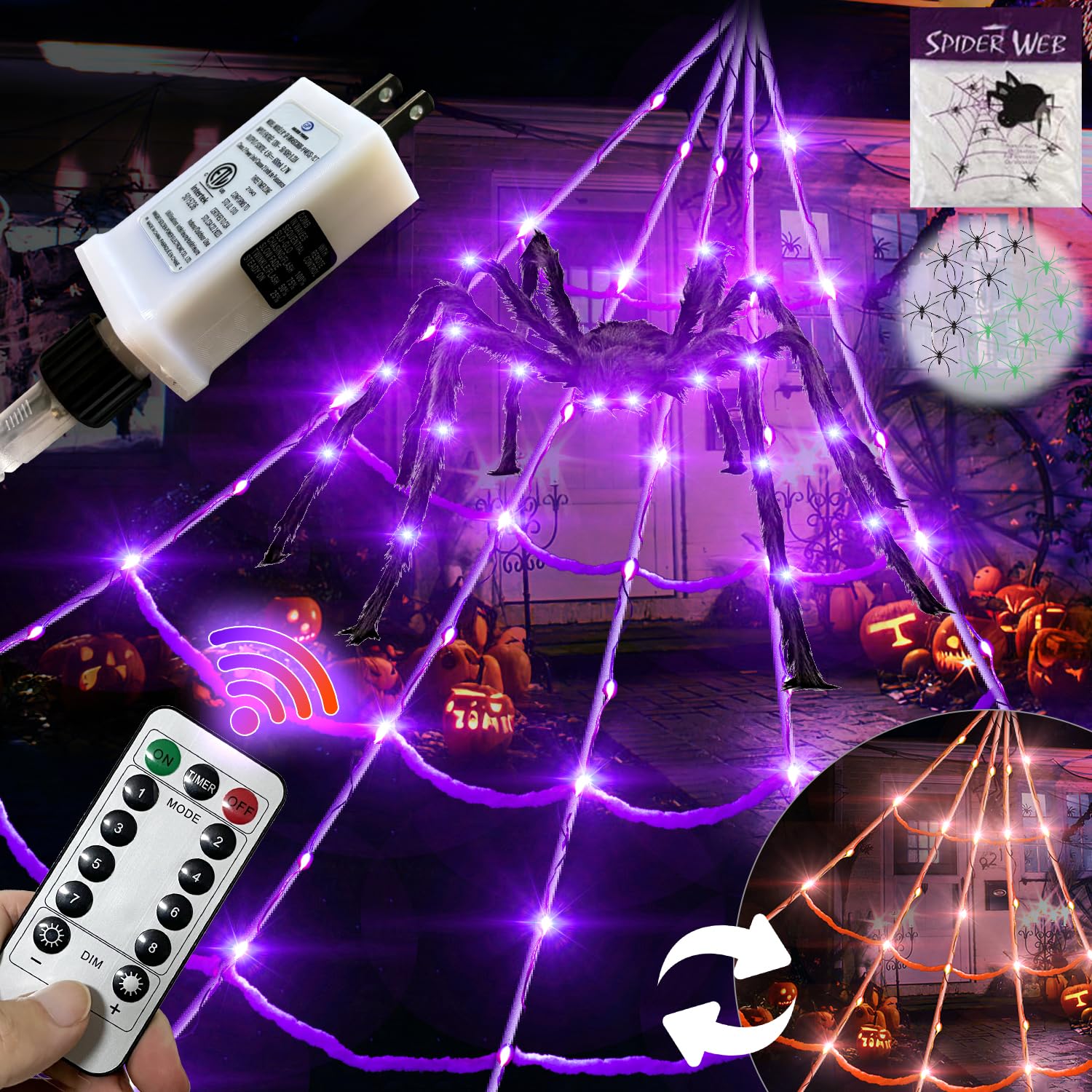 5Ft Giant Lighting Halloween Spider 20 * 17FT Spider Web 250 Led Lights Light Up Purple&Orange Triangular Battery Operated 200sqft Cobweb 20 Small Spiders for Indoor and Outdoor Decor Decoration