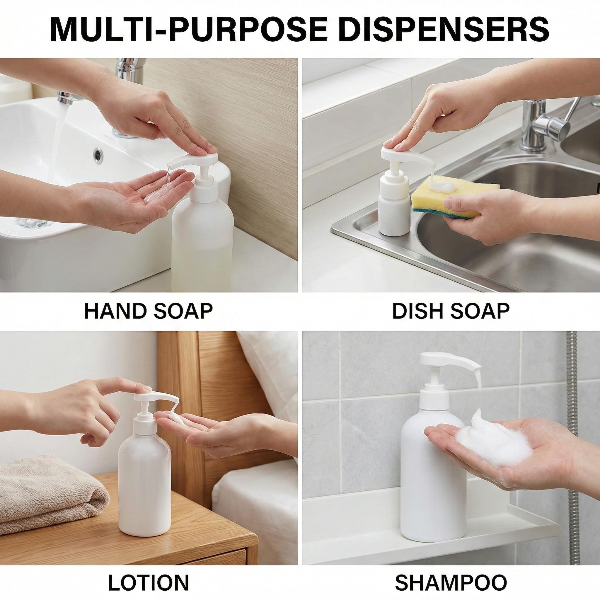 8 Dosatori per Dosaggio - Pompa per Sciroppo per Bottiglie da 500ml/1000ml, Compatibile con Tappi 28/410 e 24/410, Perfetta per Sciroppi, Shampoo e Balsami (Bianco, 0.5/1L)