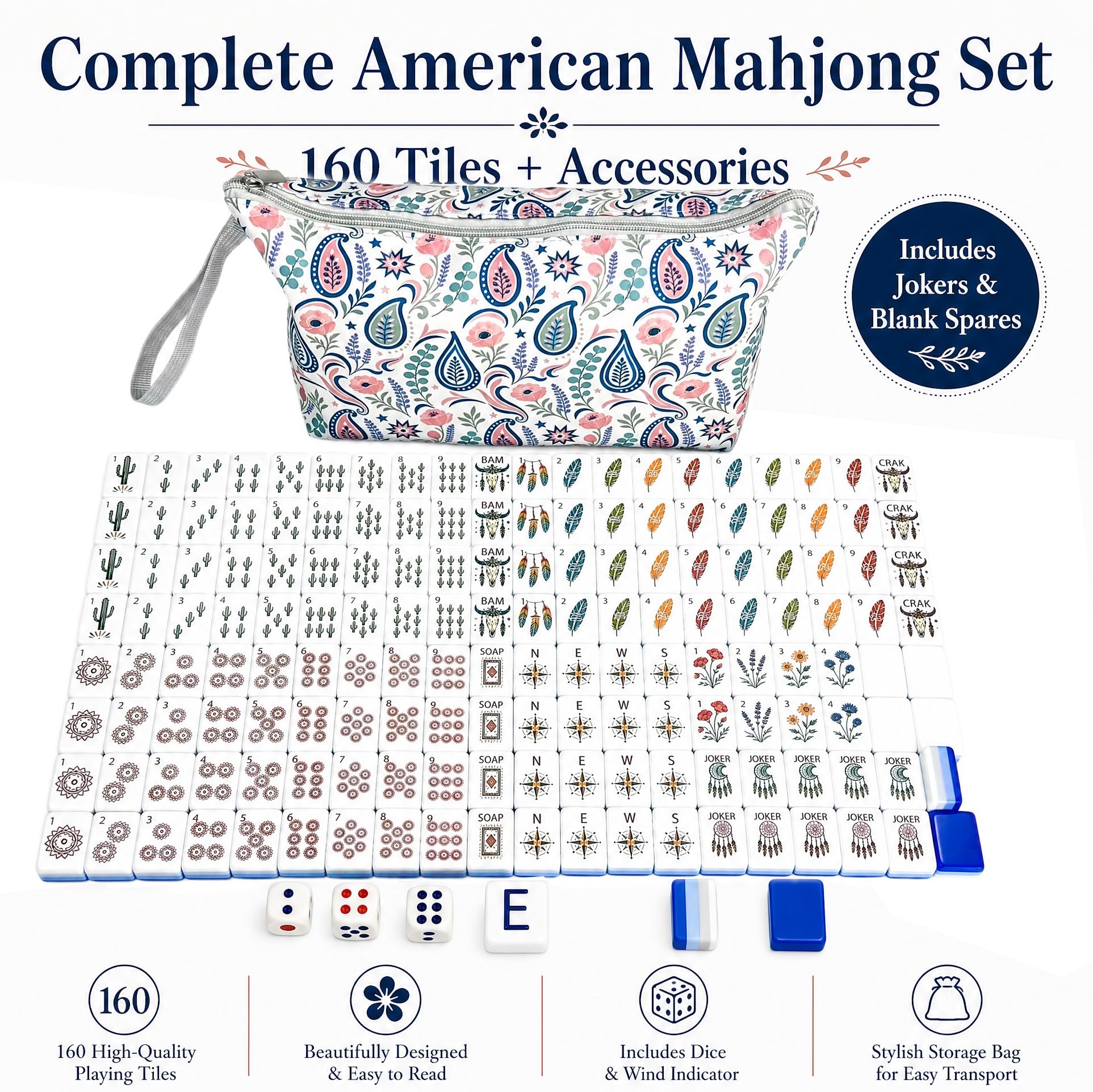 American Mahjong - Set di 160 piastrelle Mahjong in acrilico a 4 strati | Piastrelle da viaggio in stile mahjong, 3 cm, antigraffio, trasparenti, motivo bohémien, per giochi di famiglia e feste