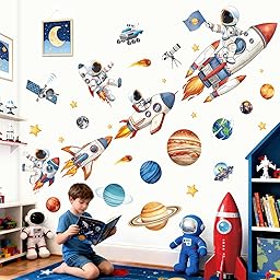 decalmile Stickers Muraux Grand Fusée Astronaute Autocollant Mural Espace Planète Étoiles Solaire Système Décoration Murale Chambre Salle de Jeux Bébé Pépinière