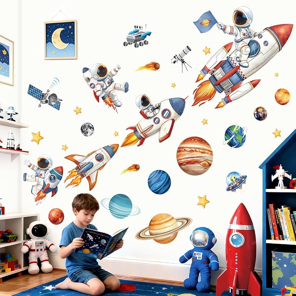 decalmile Stickers Muraux Grand Fusée Astronaute Autocollant Mural Espace Planète Étoiles Solaire Système Décoration Murale Chambre Salle de Jeux Bébé Pépinière - 1