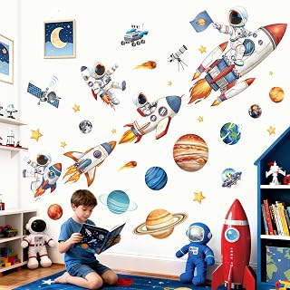 decalmile astronaut rocket wall stickers outer space planets solar system boys wall decals baby nursery kids bedroom playroom home decor