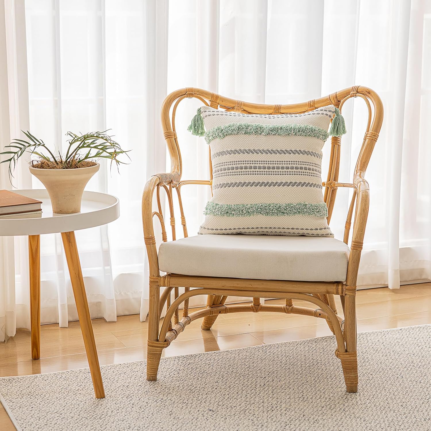 Boho Throw Pillow Covers 18x18 Set of 2 Woven Tufted Farmhouse Pillows Cover with Tassels Textured Striped Cushion Case Neutral Pillow Cases Decorative Pillowcase for Sofa, Couch, Bed, Light Green - Image 4