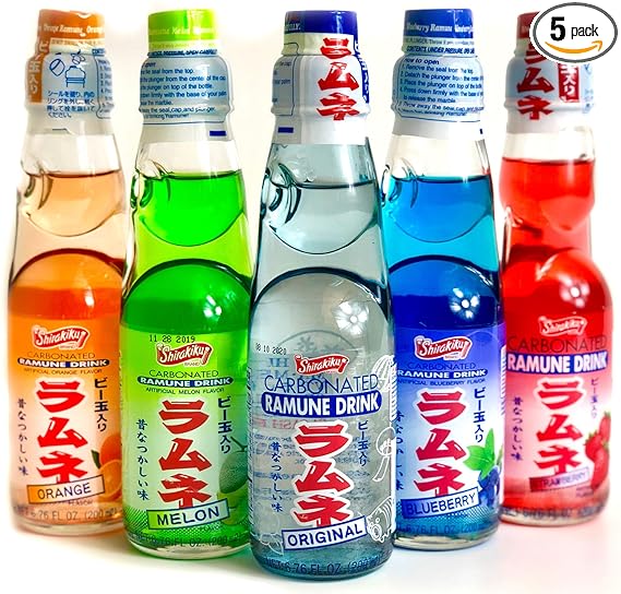 Ramune Japanese Soda Variety Pack - Shirakiku Multiple Flavors - Japanese Drink Gift Box (5 Count)