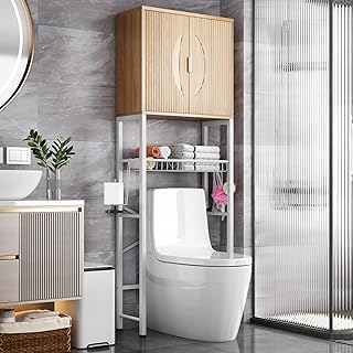 Kalrin Over The Toilet Storage Cabinet with Fluted Wave Doors and Adjustable Shelf, Wood Over Toilet Storage Rack with Drain Basket, Freestanding Bathroom Organizer for Balcony Laundry, Wood & White