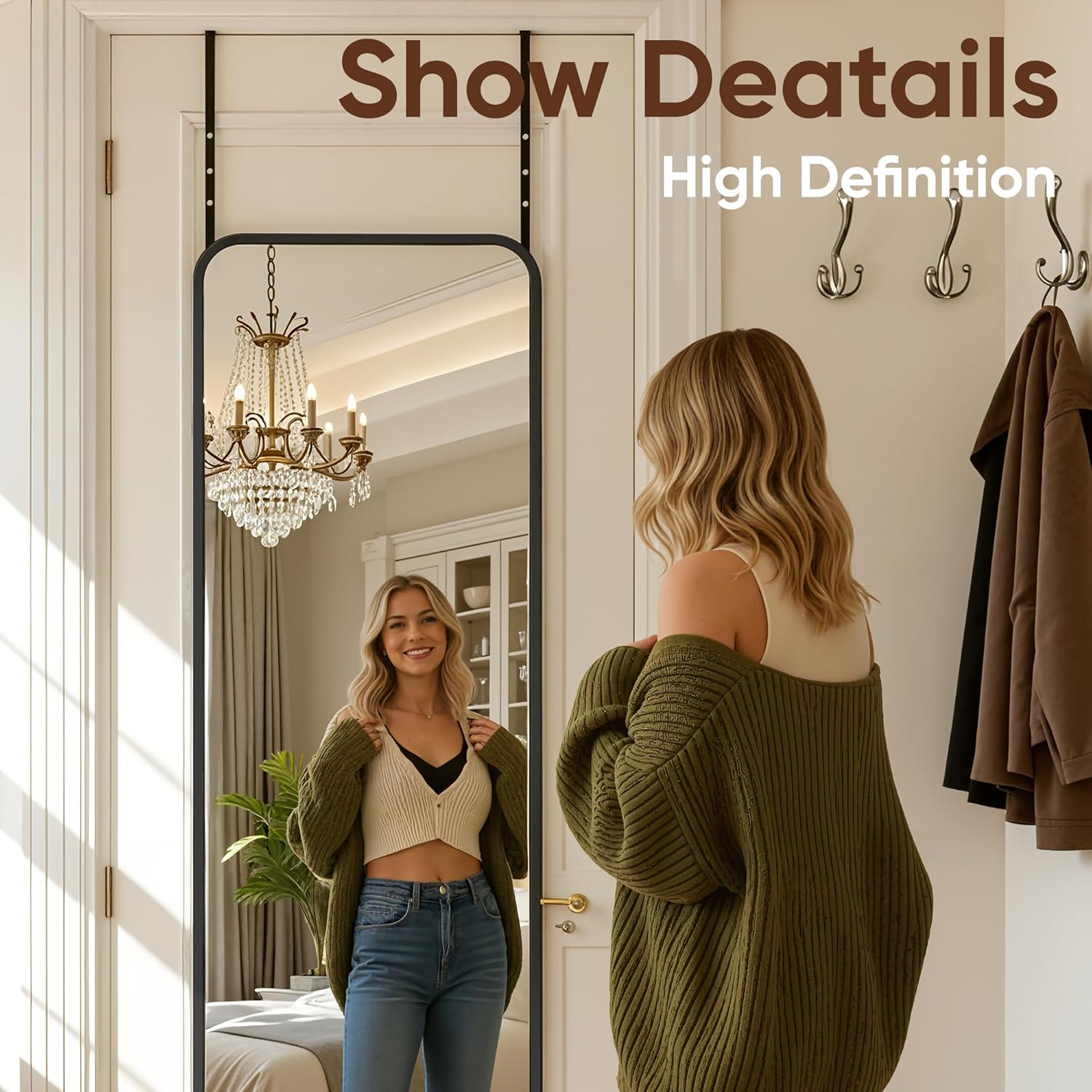 Antok Over The Door Full Length Mirror, Hanging Full Length Mirror for Bedroom or Cloakroom, 48"x14",Black, Rounded Corner