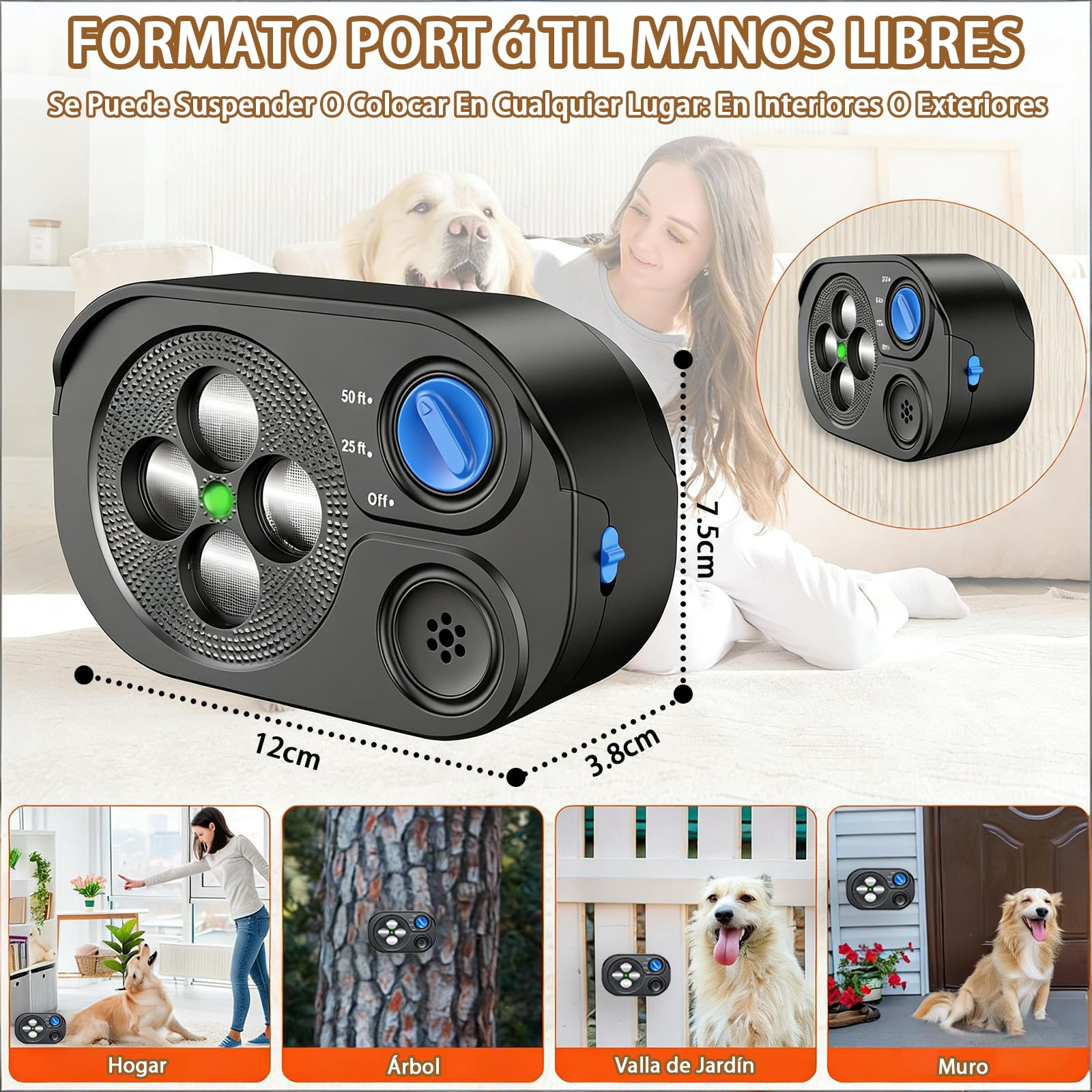 Antiladridos para Perros, Dispositivo Utrasónico Anti con 3 Modos | Dispositivo Antiladridos para Perros, Alcance Efectivo de 23M, IP65 Recargable, Detener Ladridos en Interiores y Exteriores