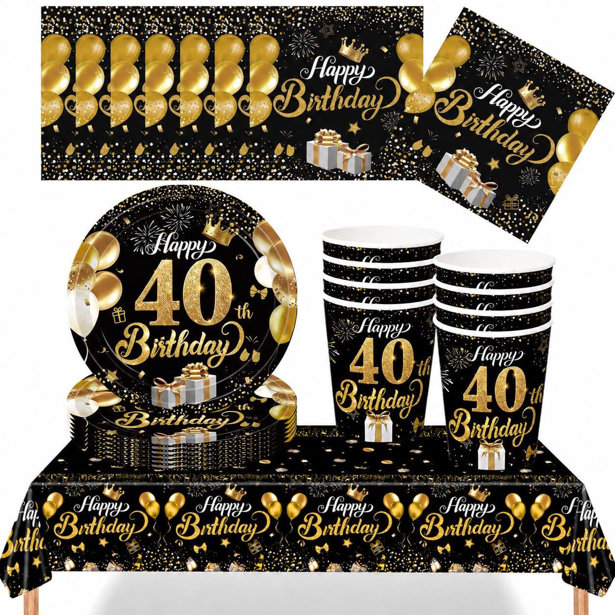 YESAH 40th Birthday Black Gold Party Tableware Set for Celebrations