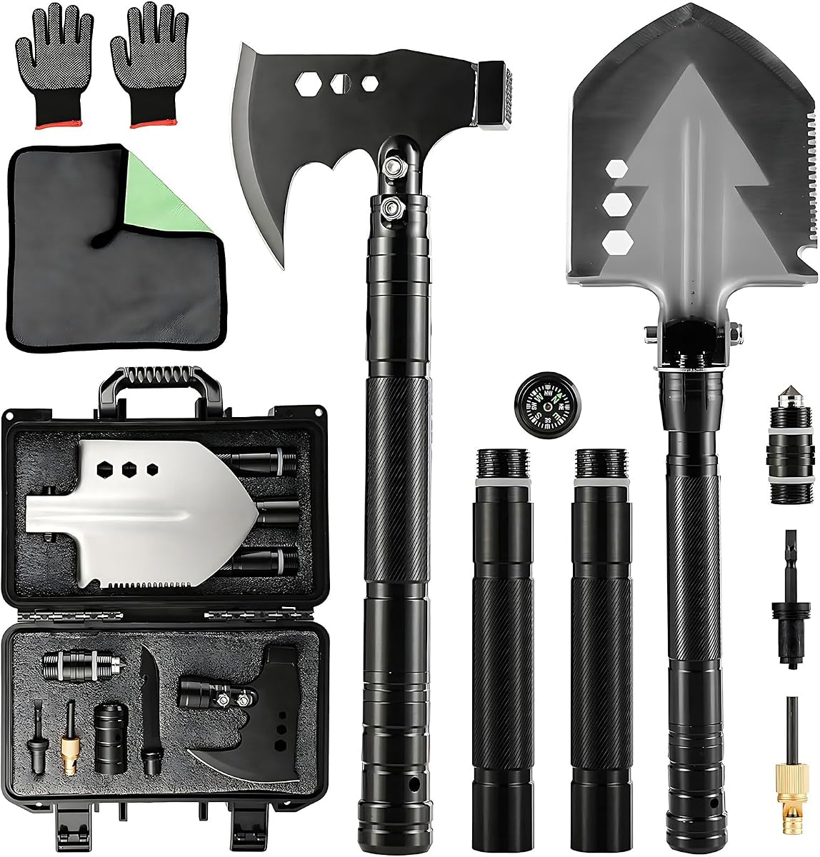 Pala de excavación plegable para acampar, kit táctico de acero multiherramienta, pala de supervivencia militar, coche de equipo de supervivencia militar, compacto de emergencia, resistente todoterreno (juego de hacha+pala)