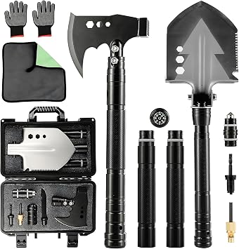 Camping Foldable Digging Shovel,MultiTool Steel Tactical Kit, Military Survival Shovel, Military Survival Gear Car, Emergency Compact, Off-Road Heavy Duty Axe+Shovel Set