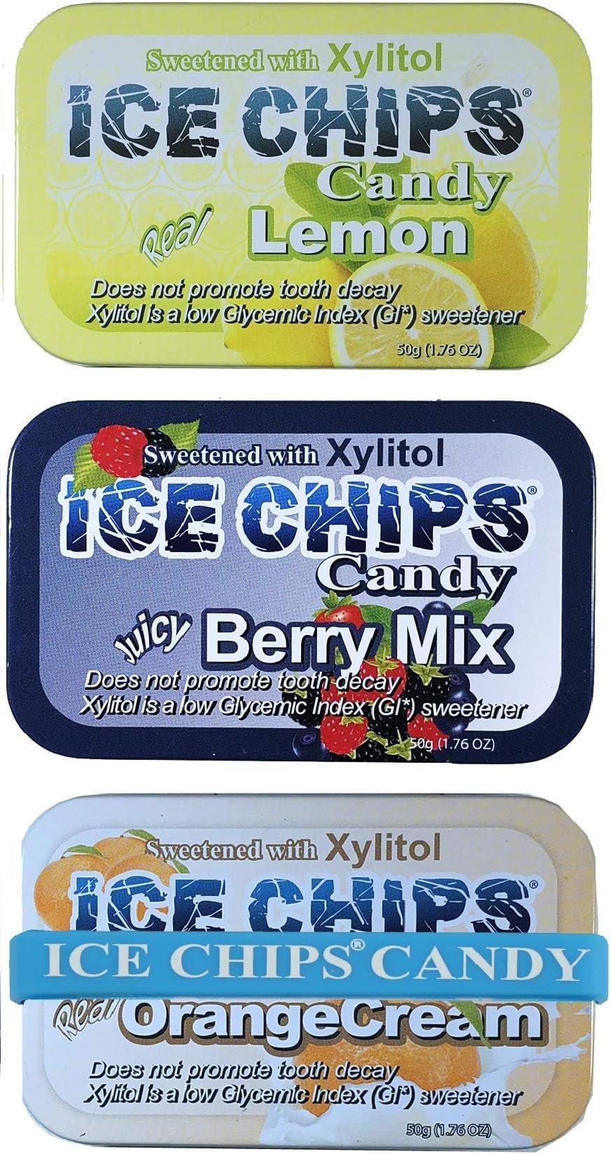 Xylitol Candy 6 Tins (Fruity Pack); Low Carb, Gluten Free - includes ICE CHIPS BAND as shown